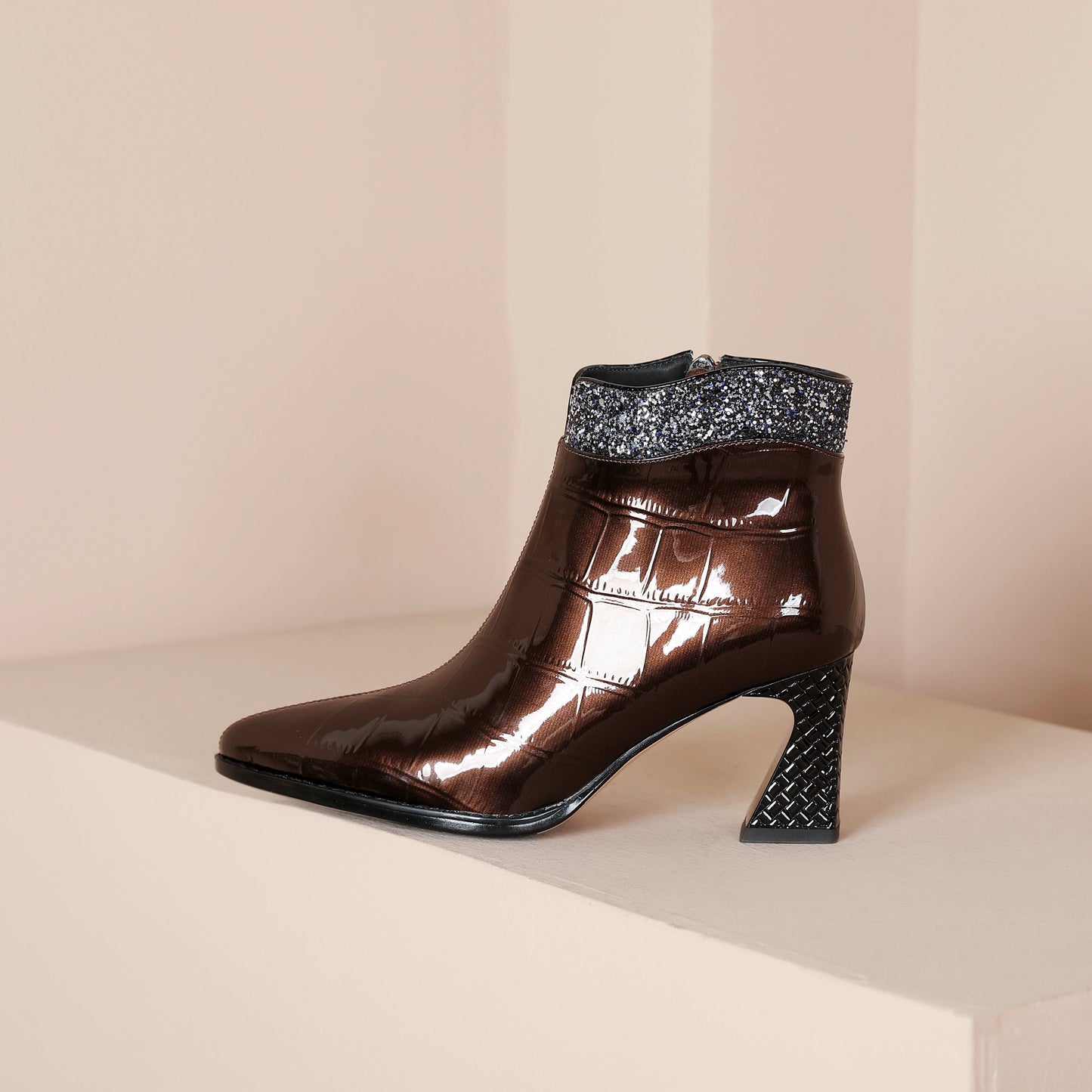 Nine Seven Handmade Women's Patent Leather Glittering Plaid Printed Pointed Toe Side Zipper Mid Block Heel Ankle Boots