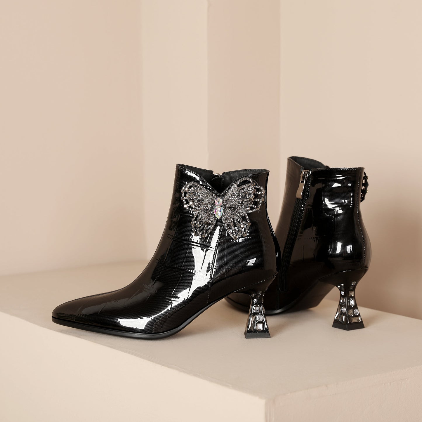 Nine Seven Women's Pointed Toe Glossy Patent Leather Handmade Butterfly Side Zipper Mid Heels Stylish Ankle Boots