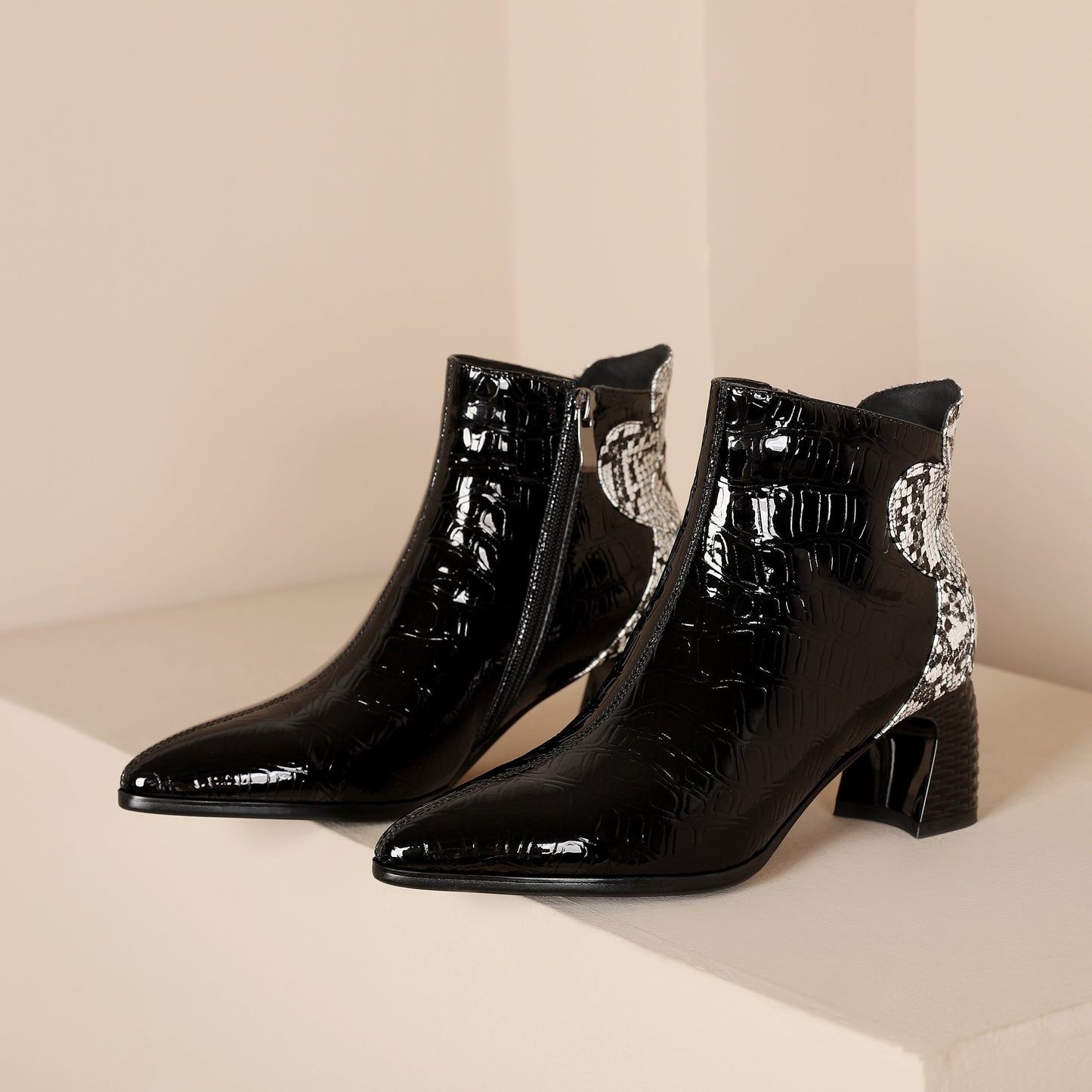 Nine Seven Handmade Women's Patent Leather Patchwork Color Snakeskin Pointed Toe Side Zipper Mid Block Heel Ankle Boots Shoes