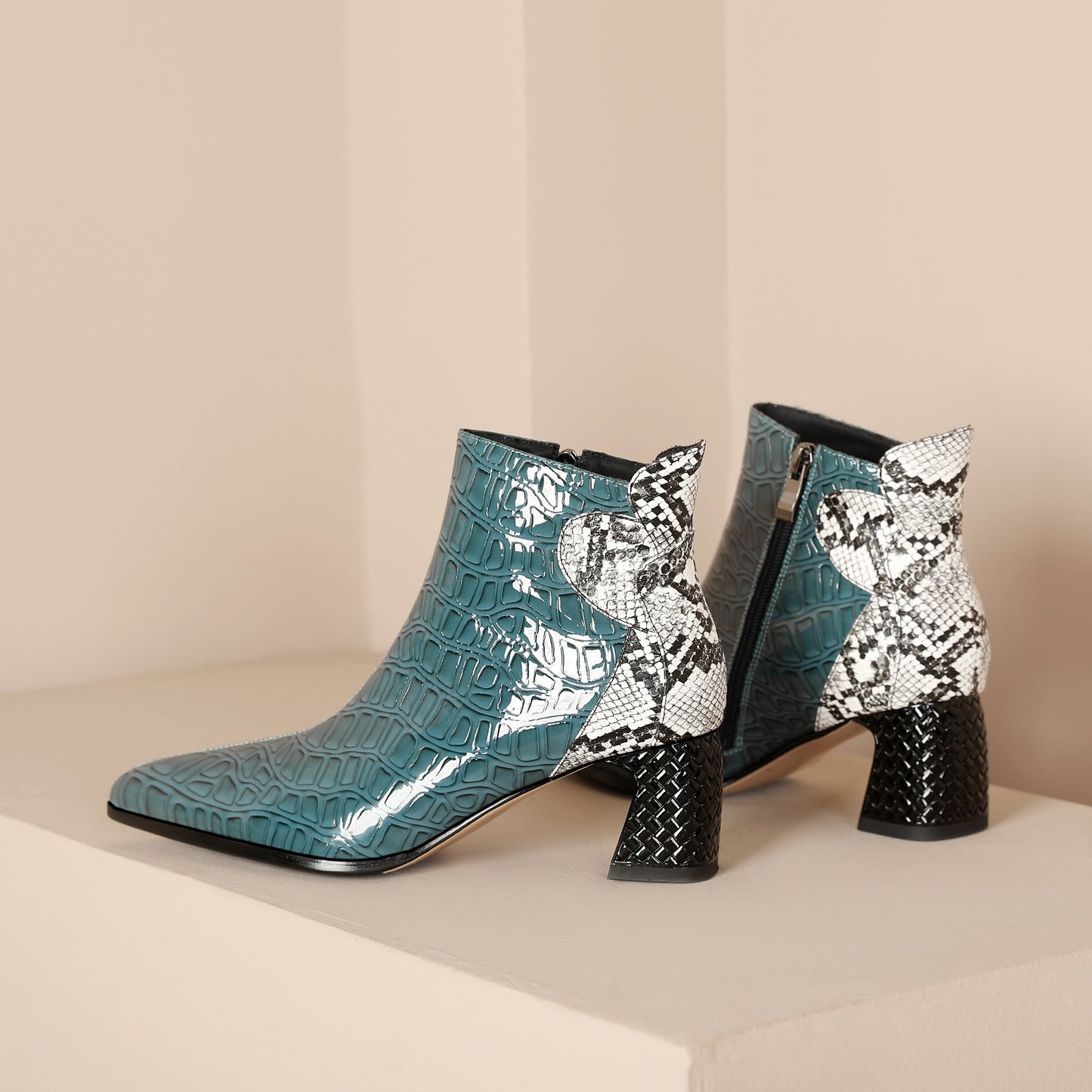 Nine Seven Handmade Women's Patent Leather Patchwork Color Snakeskin Pointed Toe Side Zipper Mid Block Heel Ankle Boots Shoes