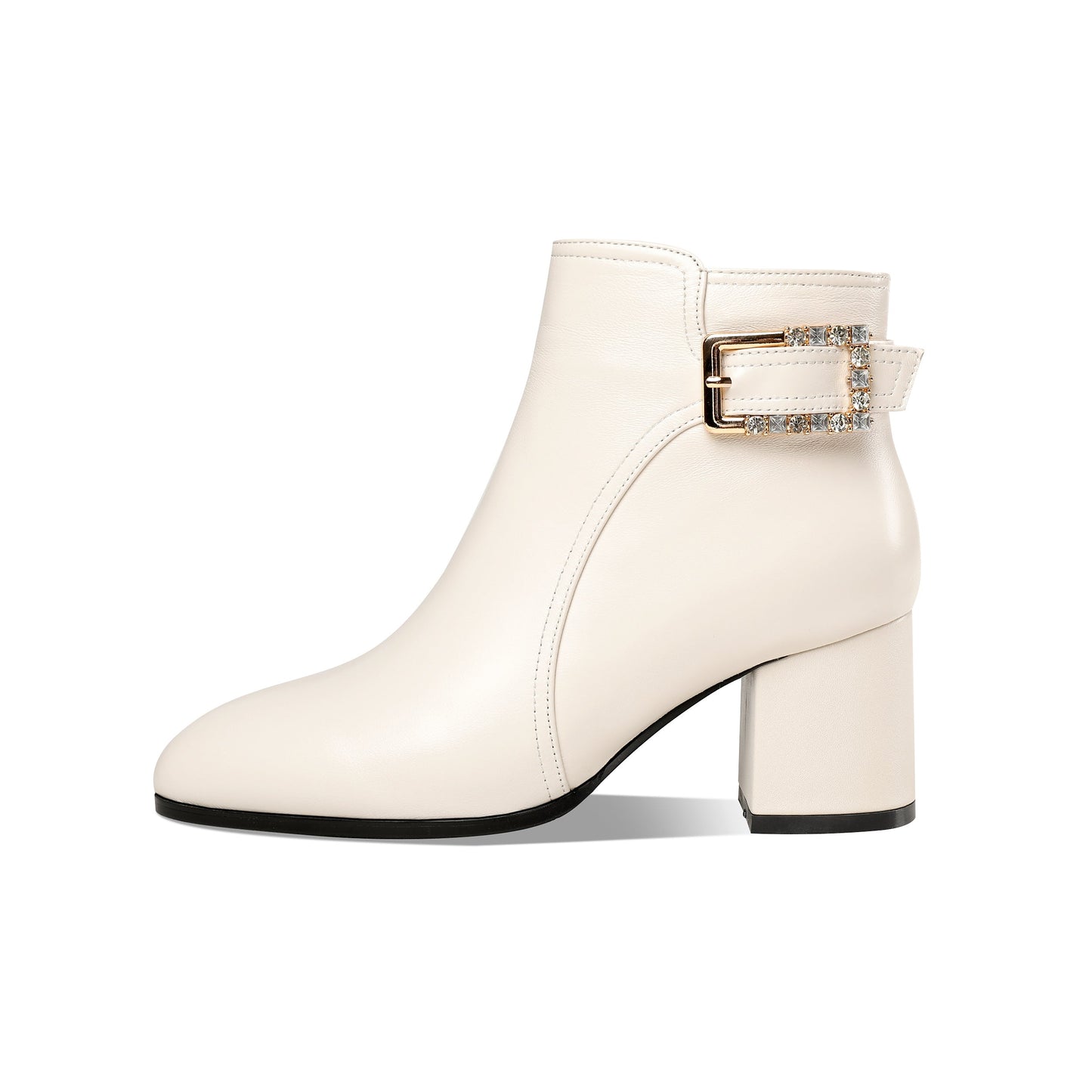 Nine Seven Women's Genuine Leather Handmade Round Toe Side Zipper Mid Chunky Heel Classic Ankle Boots with Buckle