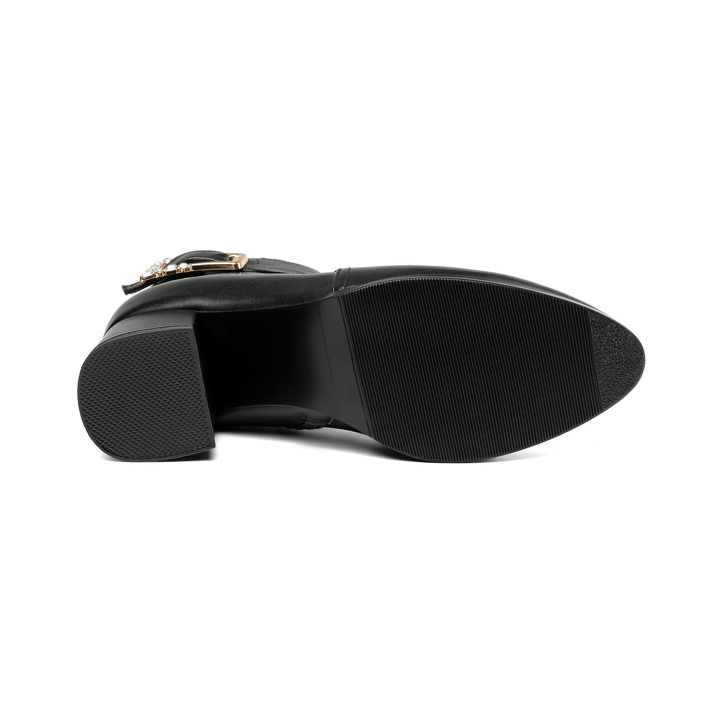 Nine Seven Women's Genuine Leather Handmade Round Toe Side Zipper Mid Chunky Heel Classic Ankle Boots with Buckle