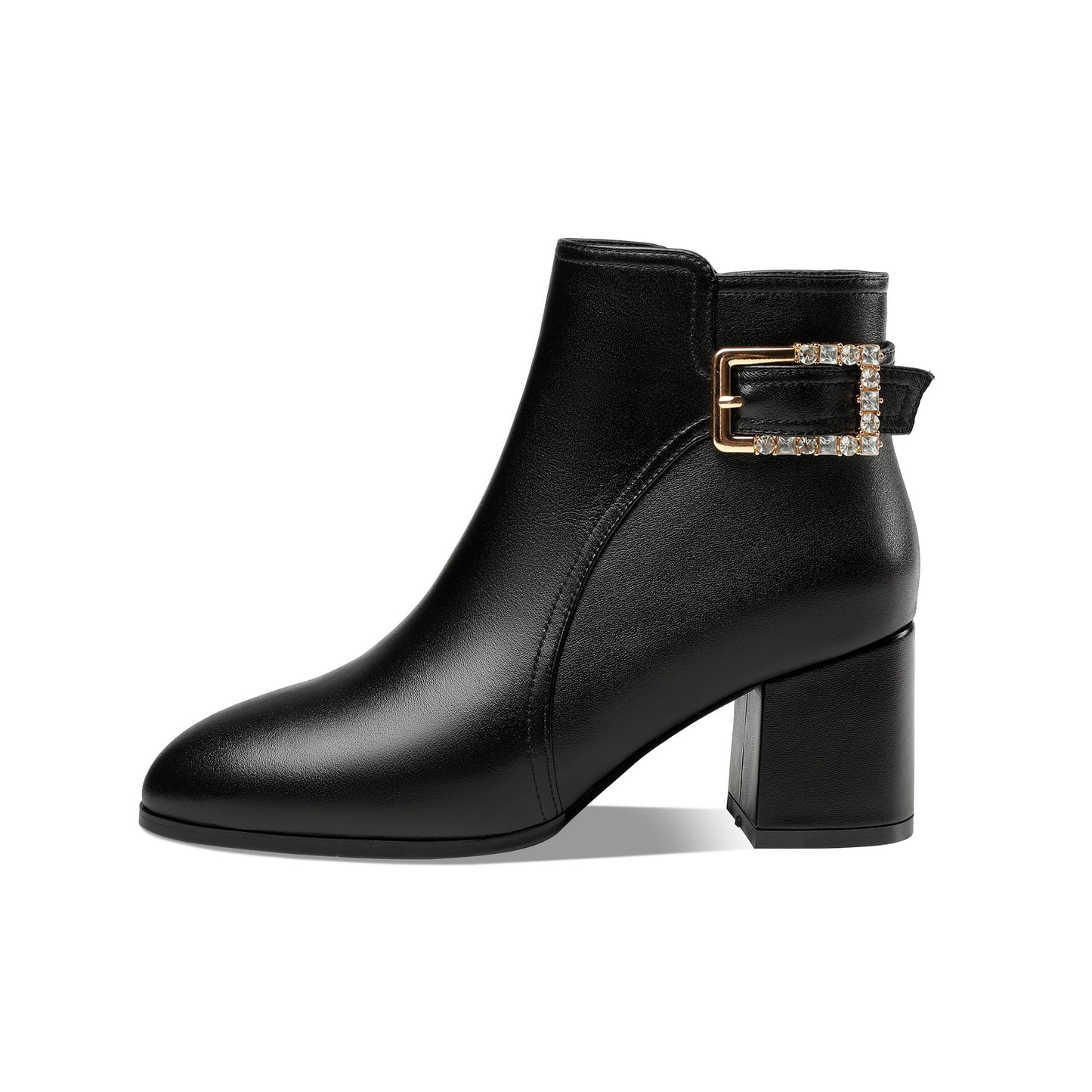 Nine Seven Women's Genuine Leather Handmade Round Toe Side Zipper Mid Chunky Heel Classic Ankle Boots with Buckle