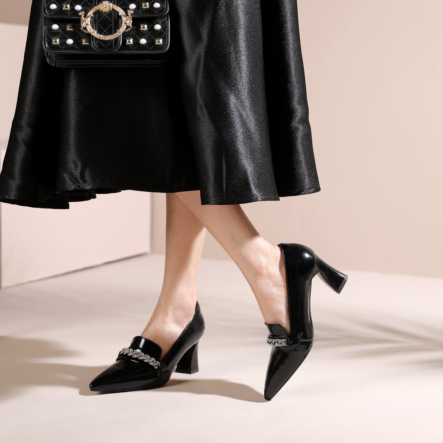 Nine Seven Women's Pointed Toe Genuine/Suede Leather Handmade Mid Chunky Heels Stylish Slip On Pumps Shoes