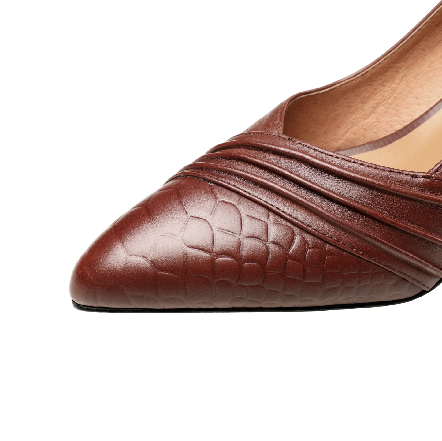 Nine Seven Women's Genuine Leather Hnadmade Wrinkle Design Pointed Toe Mid Chunky Heel Pumps Shoes