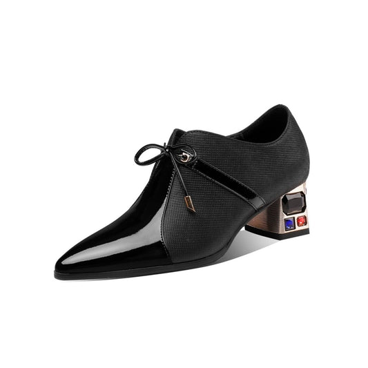 Nine Seven Genuine Leather Lace Up Side Zipper Handmade Pointed Toe Low Chunky Heels Women's Casual Pumps