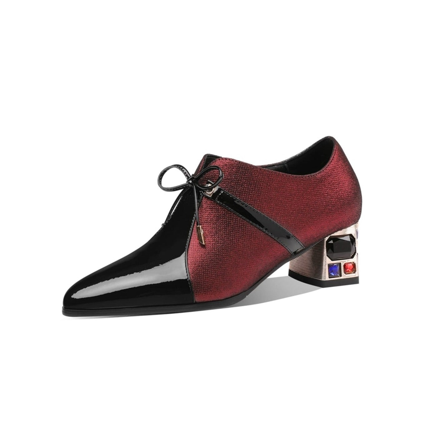 Nine Seven Genuine Leather Lace Up Side Zipper Handmade Pointed Toe Low Chunky Heels Women's Casual Pumps