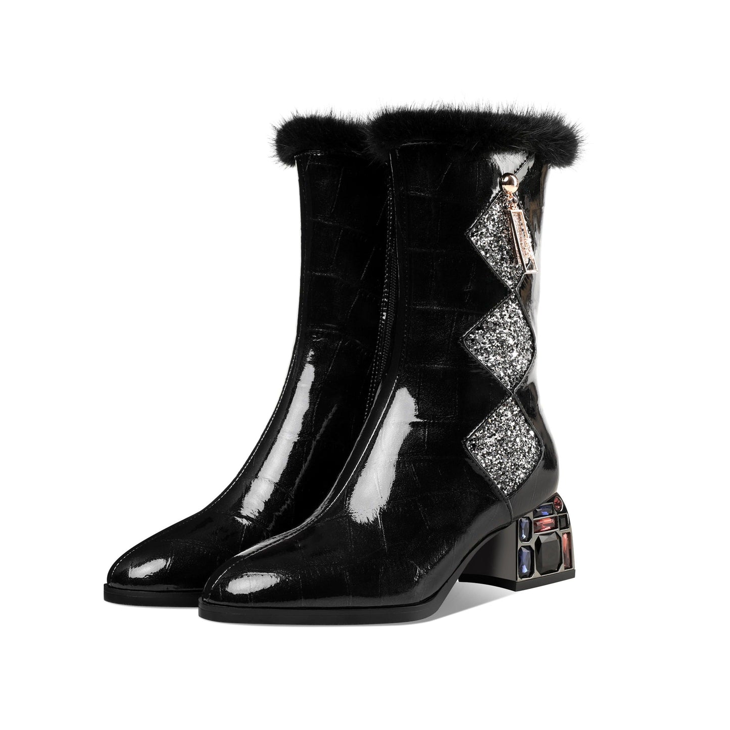 Nine Seven Women's Patent Leather Round Toe Handmade Chunky Heel with Jewelry Stylish Zip Up Mid-Calf Boots