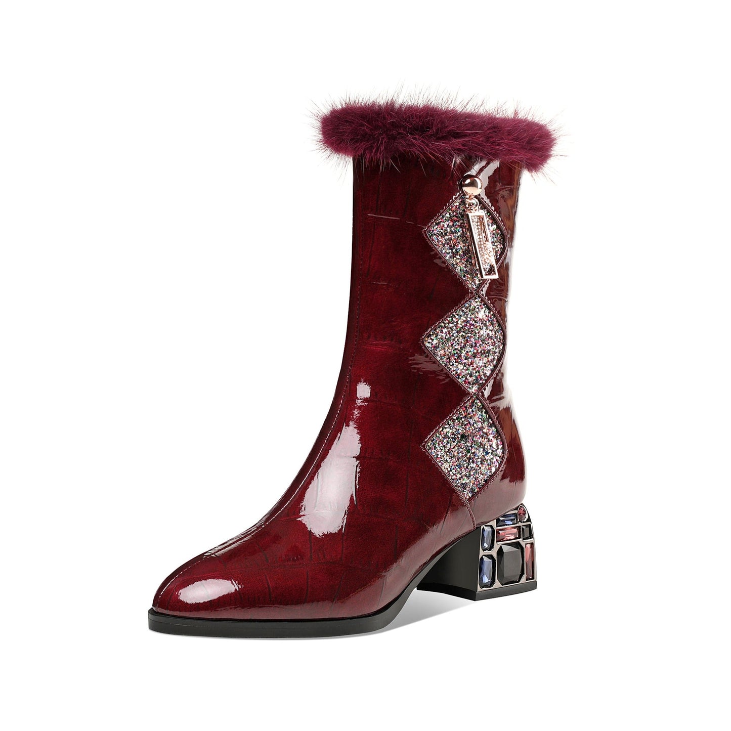 Nine Seven Women's Patent Leather Round Toe Handmade Chunky Heel with Jewelry Stylish Zip Up Mid-Calf Boots