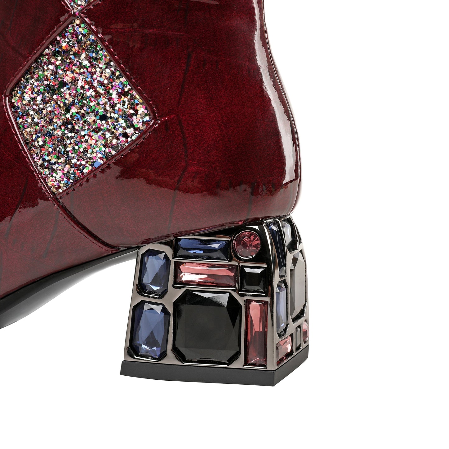 Nine Seven Women's Patent Leather Round Toe Handmade Chunky Heel with Jewelry Stylish Zip Up Mid-Calf Boots