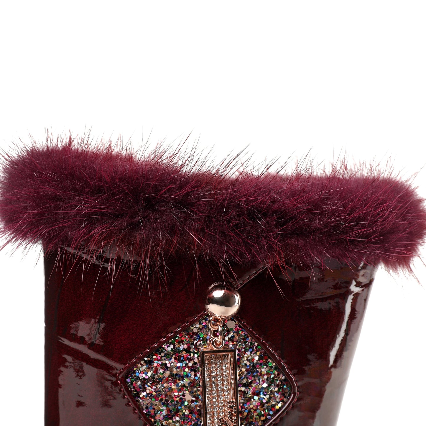 Nine Seven Women's Patent Leather Round Toe Handmade Chunky Heel with Jewelry Stylish Zip Up Mid-Calf Boots