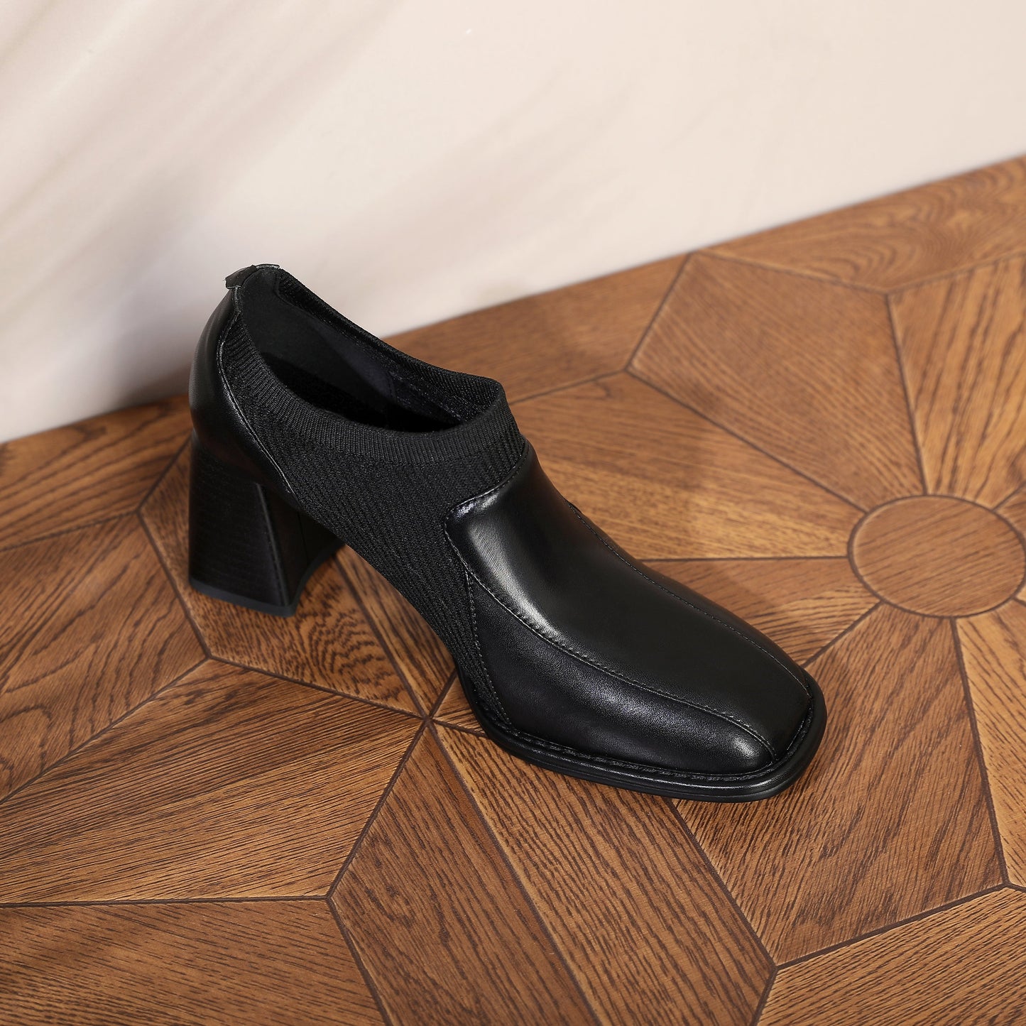 Nine Seven Women's Square Toe Genuine Leather & Woolen Handmade Mid Chunky Heels Casual Shoes