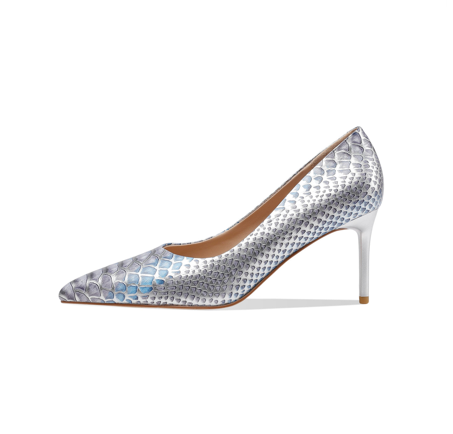 Nine Seven Women's Handmade Snakeskin Leather Stiletto Heel Pointed Toe Sexy Silver Dressy Pumps