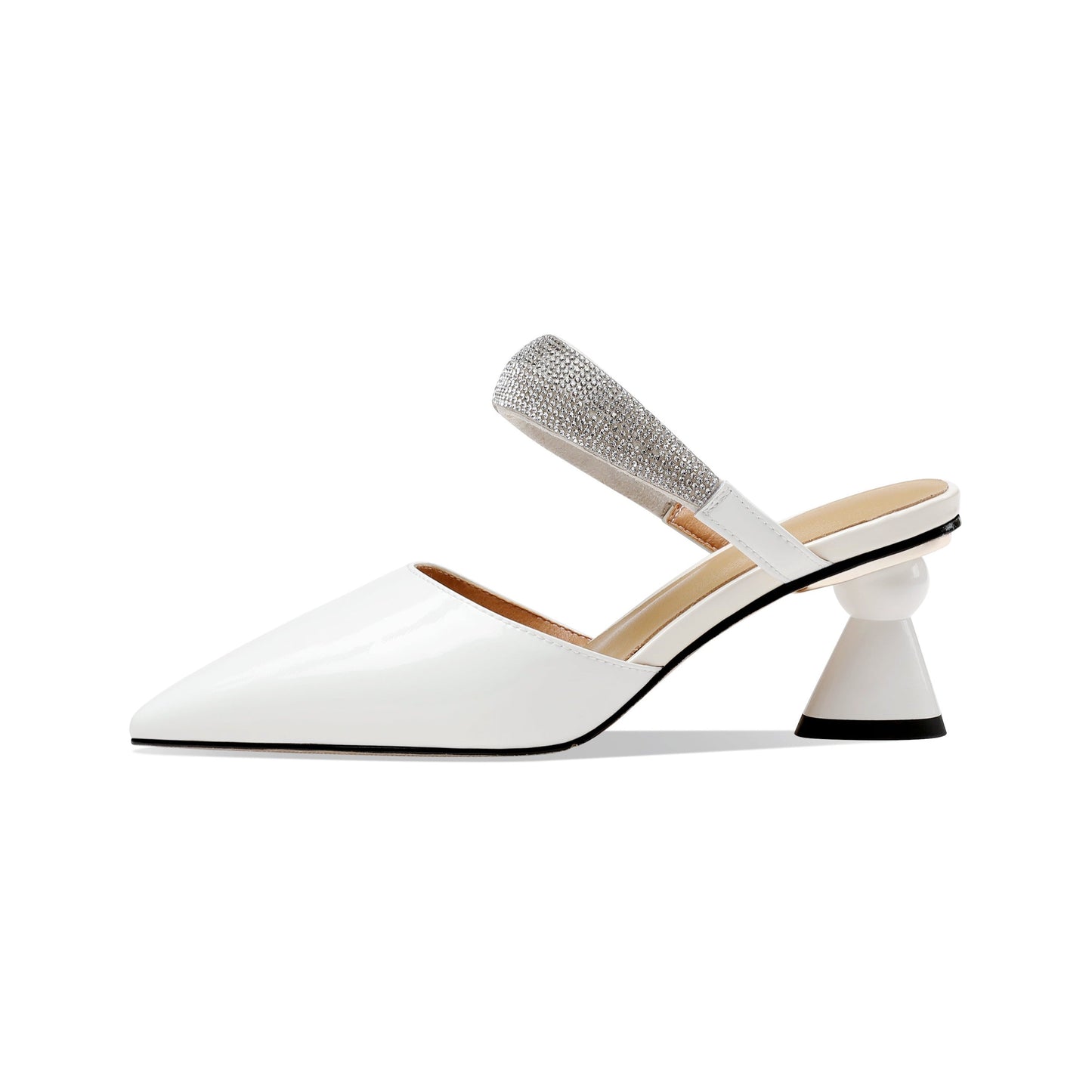 Nine Seven Women's Glossy Patent Leather Handmade Closed Toe Cone Heel Mule Sandals with Sparkling Glitter