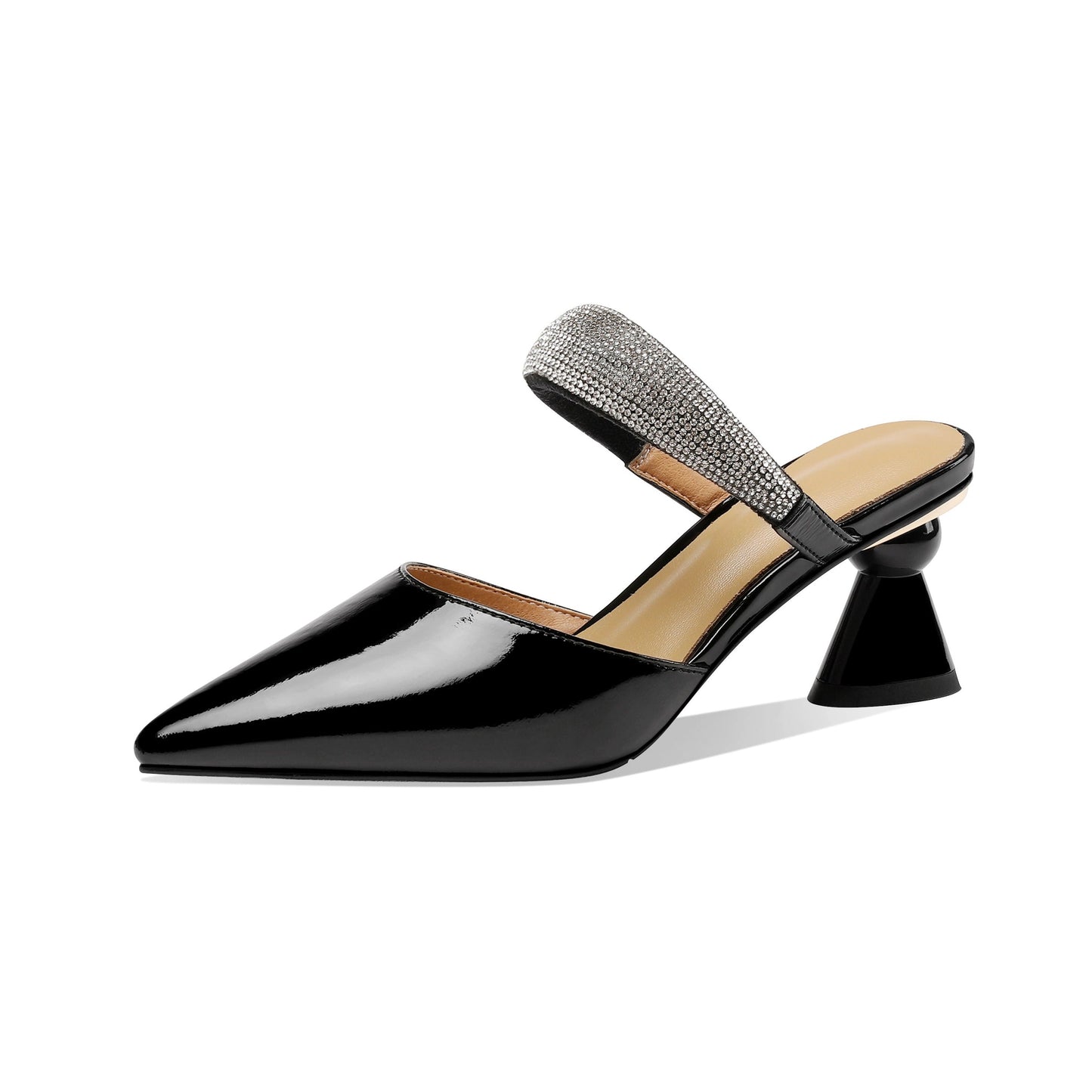 Nine Seven Women's Glossy Patent Leather Handmade Closed Toe Cone Heel Mule Sandals with Sparkling Glitter