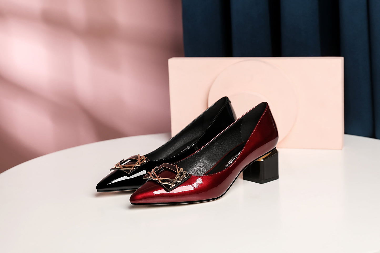 Nine Seven Women's Glossy Patent Leather Handmade Clear Pointed Toe Low Block Heel Slip On Pump Shoes with Trendy Square Pattern