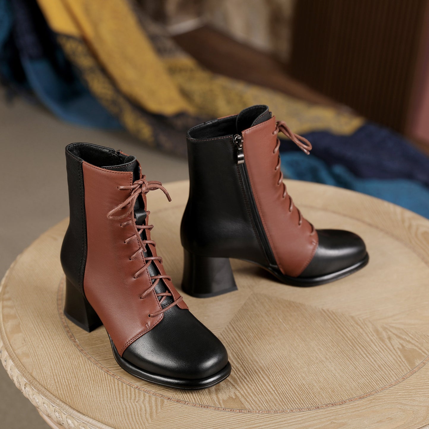 Nine Seven Women's Genuine Leather Assort Colors Round Toe Handmade Laces Side Zipper Retro Booties with Chunky Heels