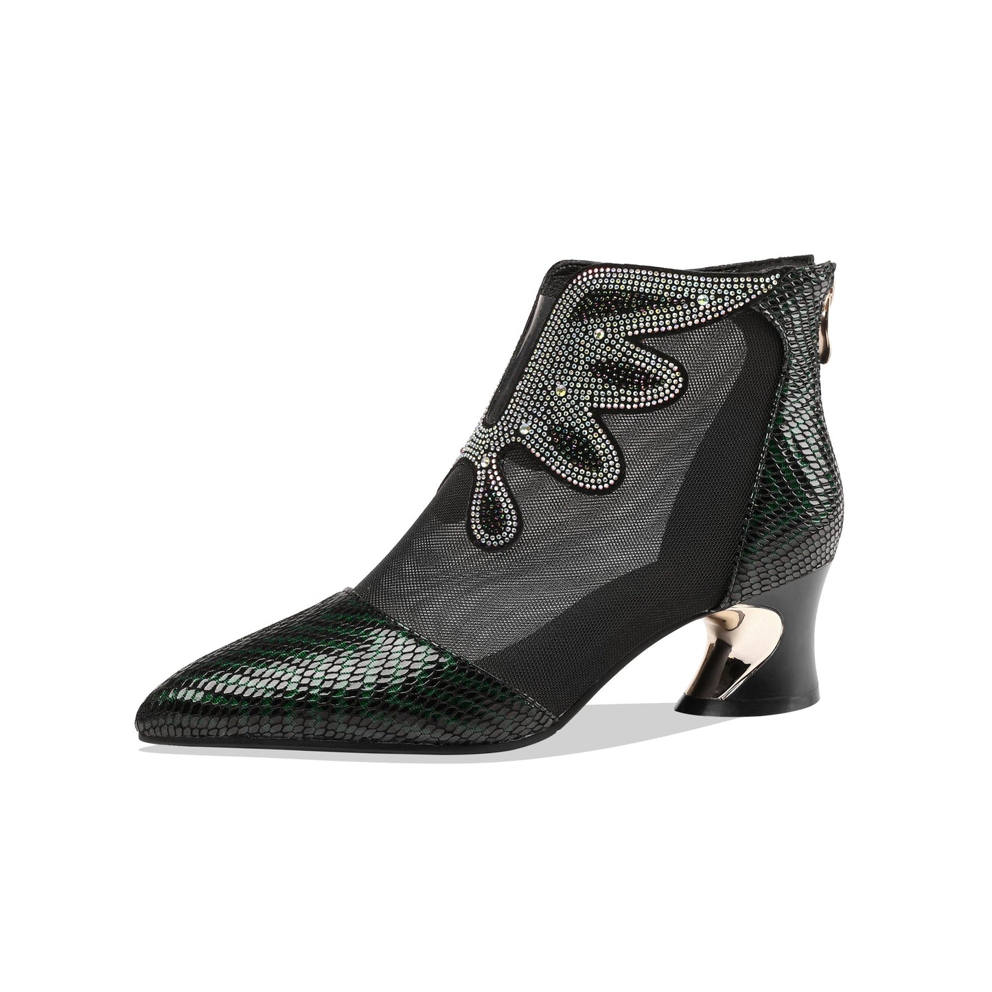 Nine Seven Women's Handmade Genuine Leather and Mesh Back Zip Up Glitter Decor Chuncky Heel Summer Boots