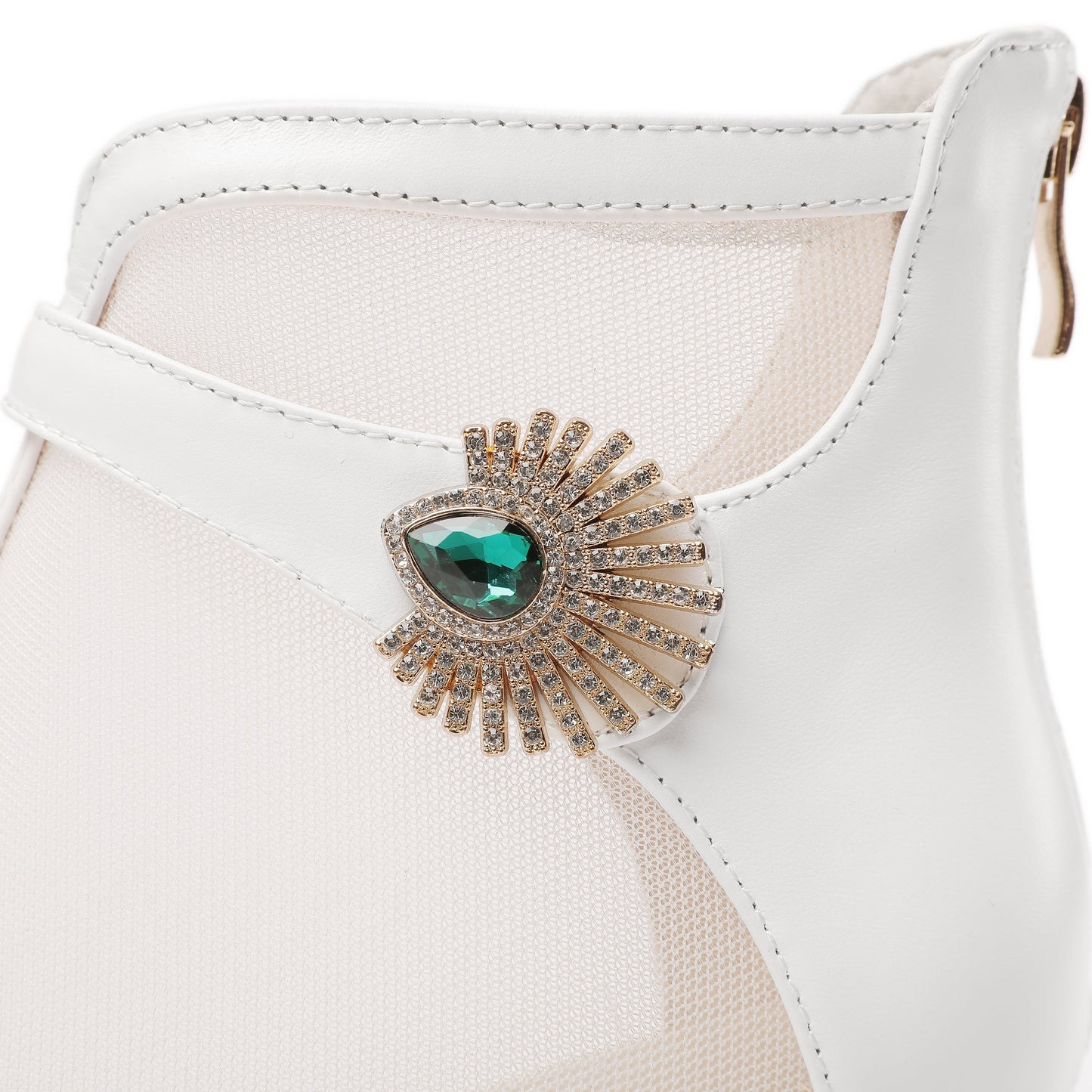 Nine Seven Women's Genuine Leather and Mesh Handmade Spool Heel Zip Up Crystal Decor Stylish Ankle Boots