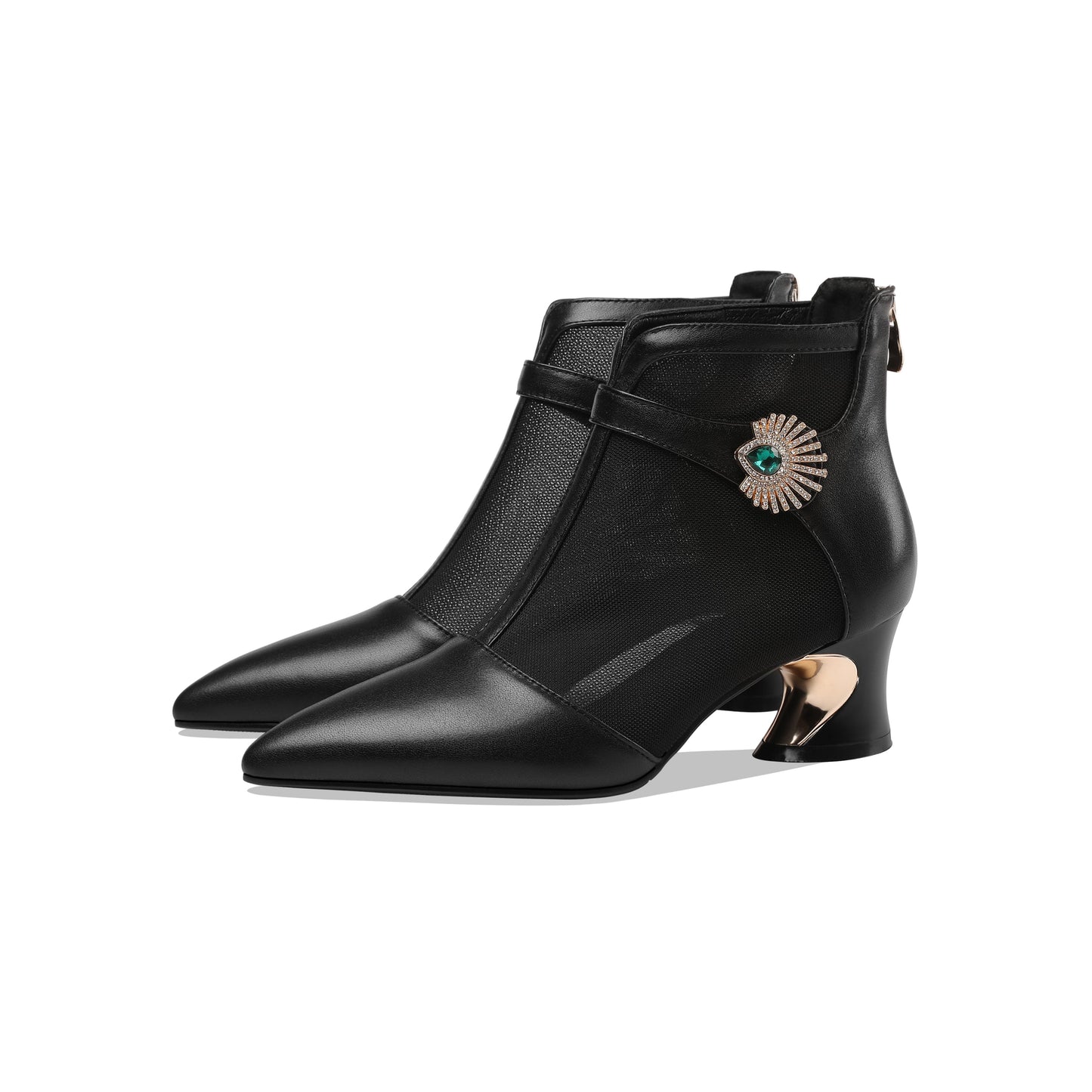 Nine Seven Women's Genuine Leather and Mesh Handmade Spool Heel Zip Up Crystal Decor Stylish Ankle Boots