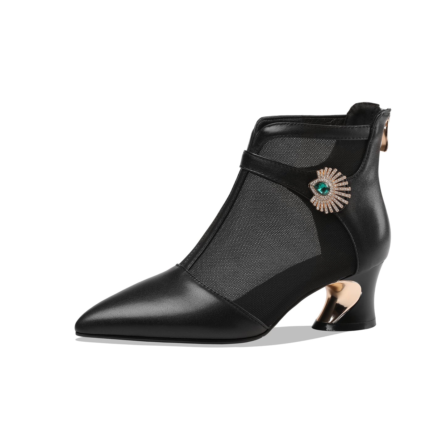 Nine Seven Women's Genuine Leather and Mesh Handmade Spool Heel Zip Up Crystal Decor Stylish Ankle Boots