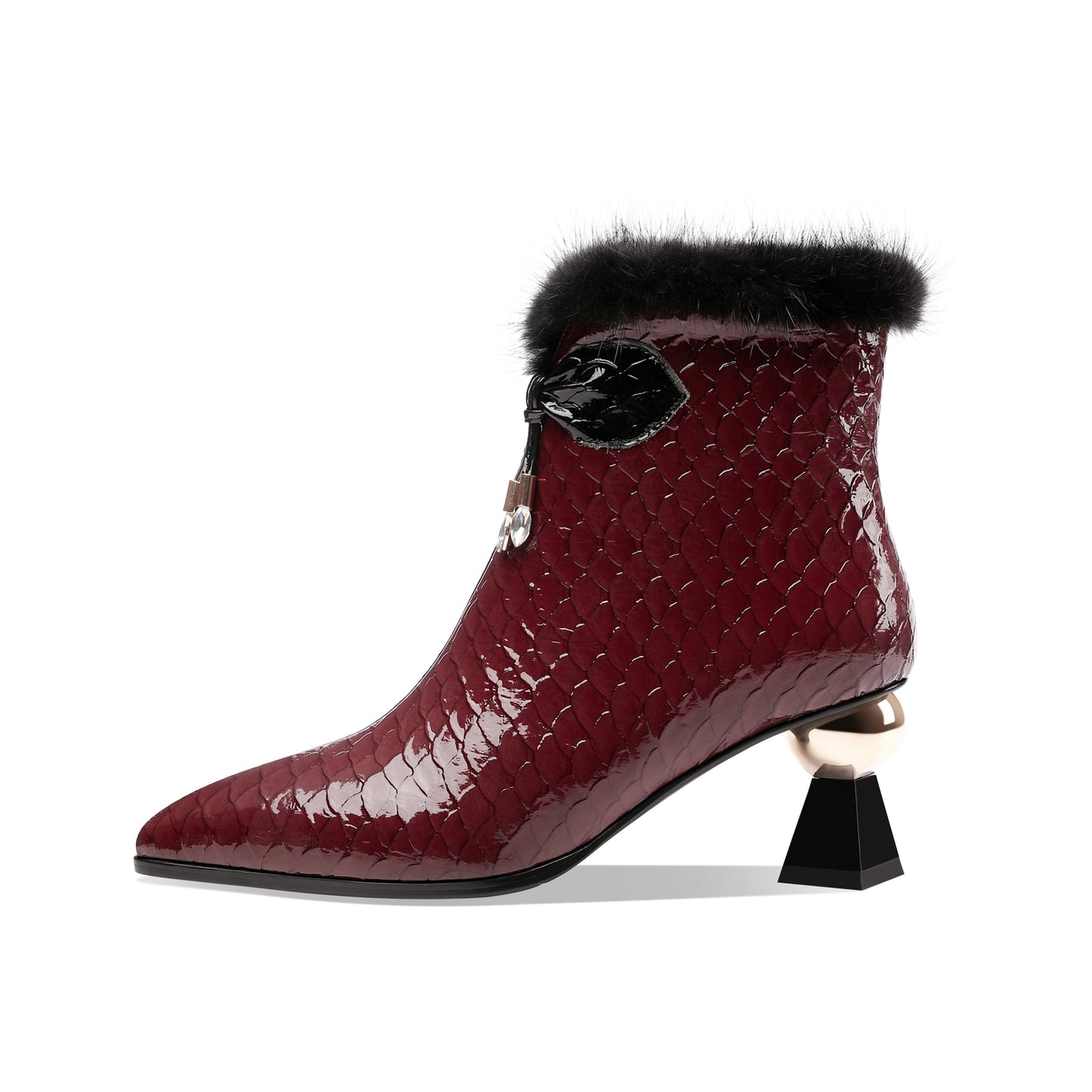 Nine Seven Patent Leather Handmade Women's Pointy Toe Side Zip Up Mid Heel Crystal and Fur Design Ankle Boots with Bow