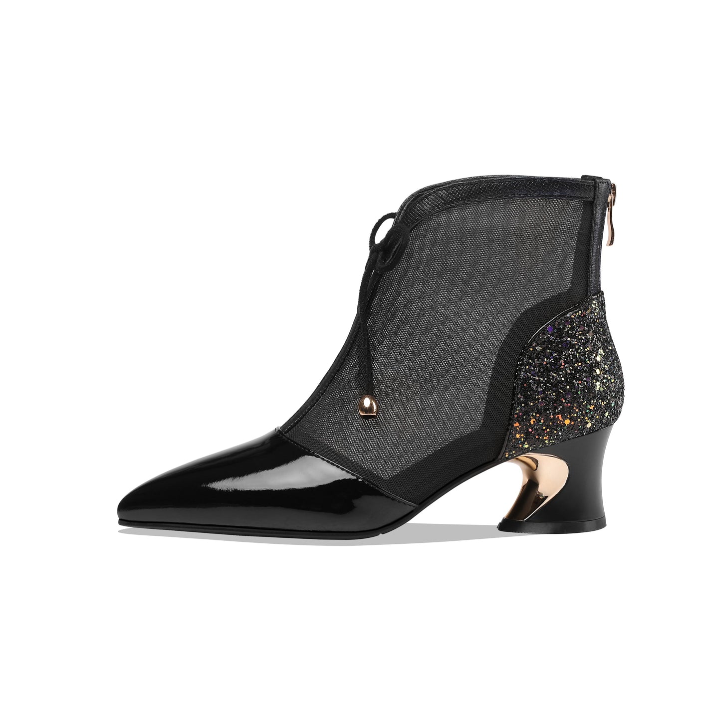 Nine Seven Women's Handmade Glossy Patent Leather and Mesh Spool Heel Back Zip Pointy Toe Summer Ankle Boots with Bowtie