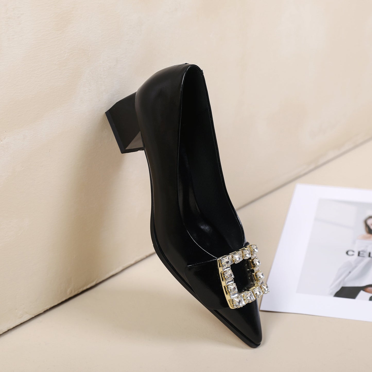 Nine Seven Women's Pointed Toe Patent Leather Delicate Buckle Handmade Low Chunky Heels Casual Shoes