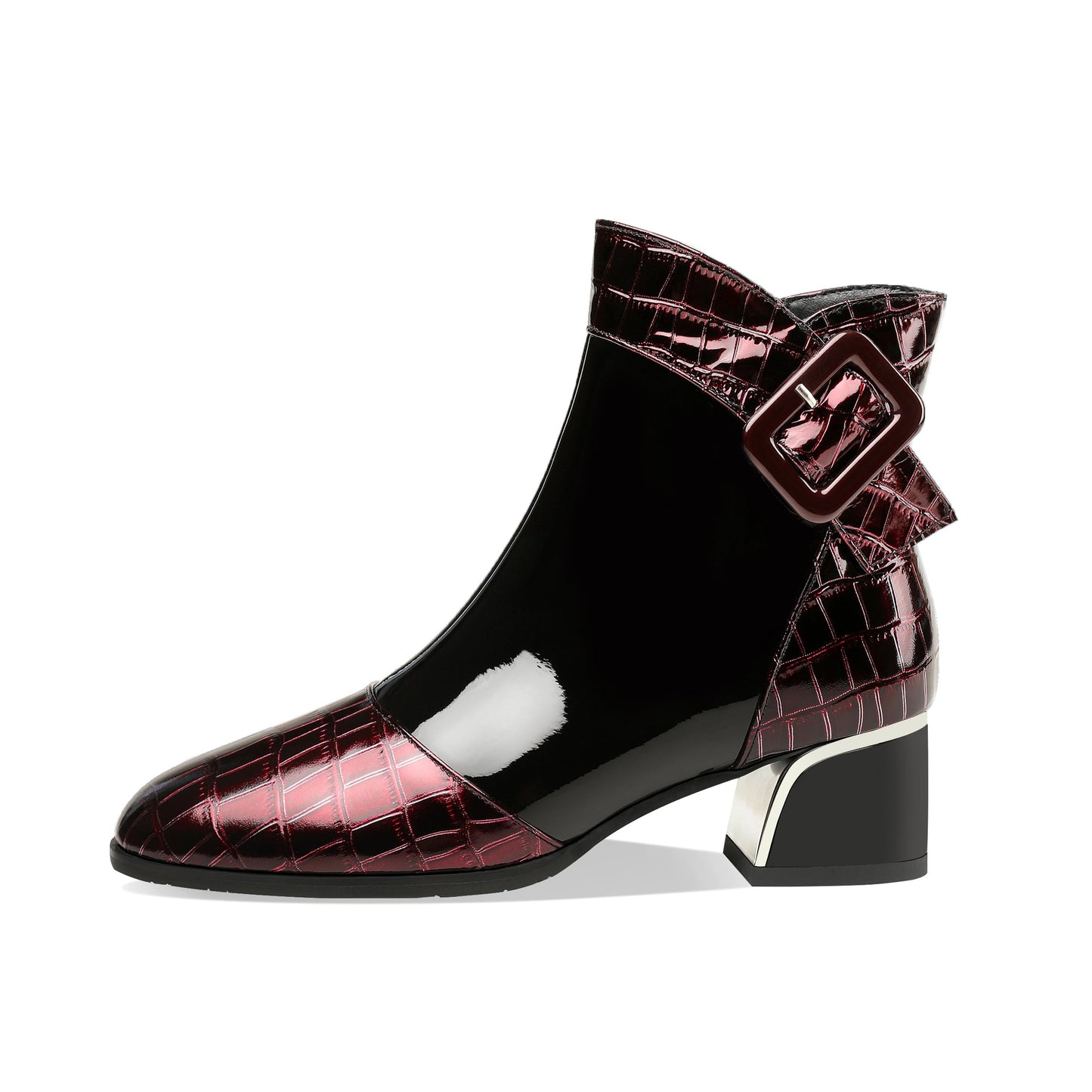 Nine Seven Women's Patent Leather Handmade Round Toe Side Zipper Buckled Low Chunky Heel Stylish Bootie