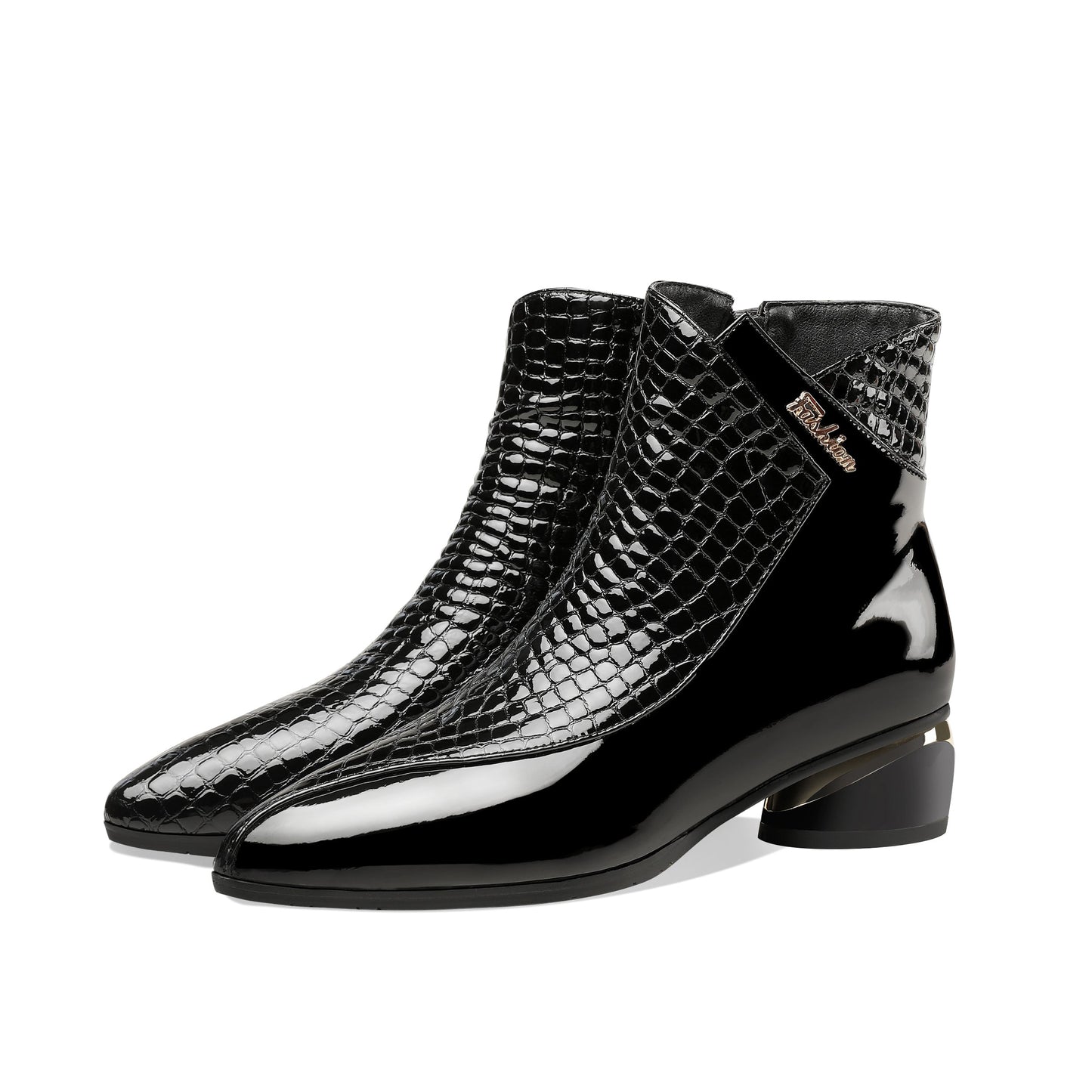 Nine Seven Women's Handmade Patent Leather Pointed Toe Side Zip Up Low Chunky Heel Casual Ankle Boots