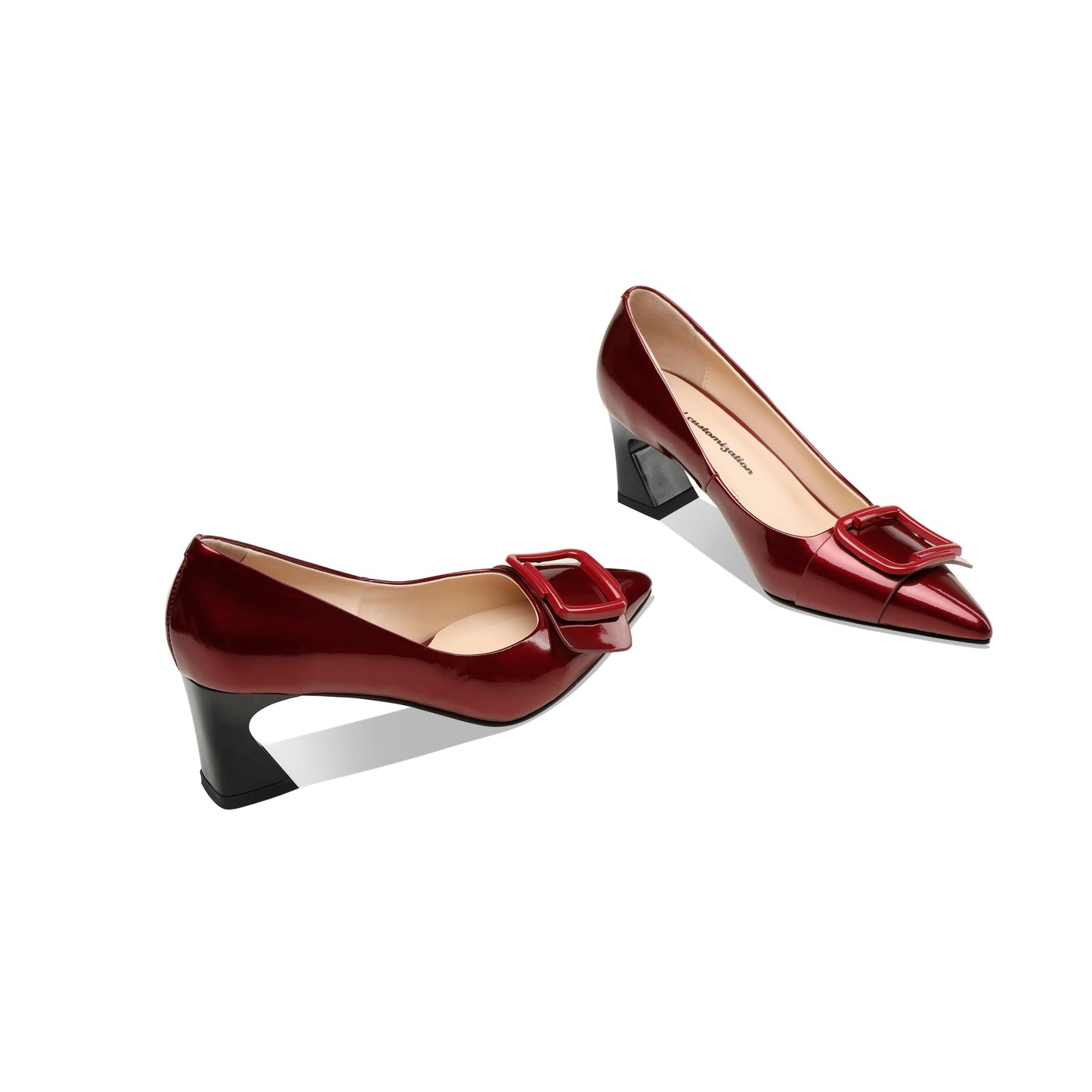 Nine Seven Handmade Women's Clossy Patent Leather Mid Spool Heel Pointed Toe Slip On Modern Pumps with Square Buckle Pattern