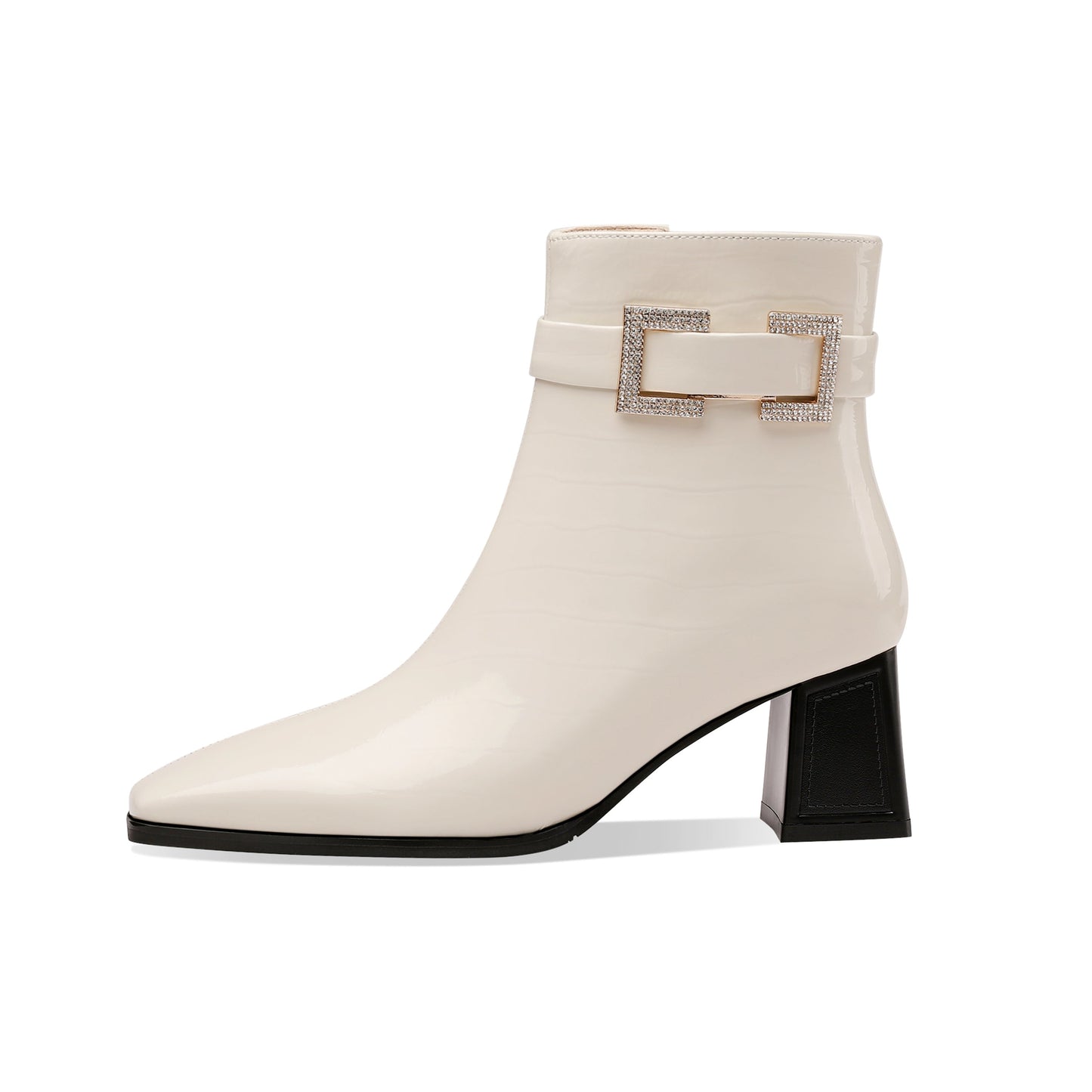 Nine Seven Women's Handmade Checkered Patent Leather Comfortable Block Heel Side Zip Up Glitter Buckle Design Chic Dress Boots