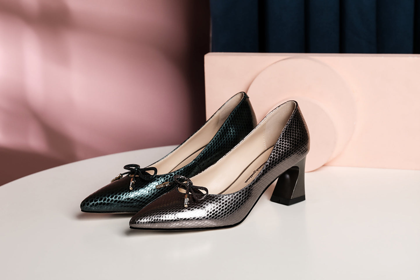 Nine Seven Handmade Women's Embossed Genuine Leather Cute Bowtie Mid Spool Heel Pointed Toe Elegant Pumps