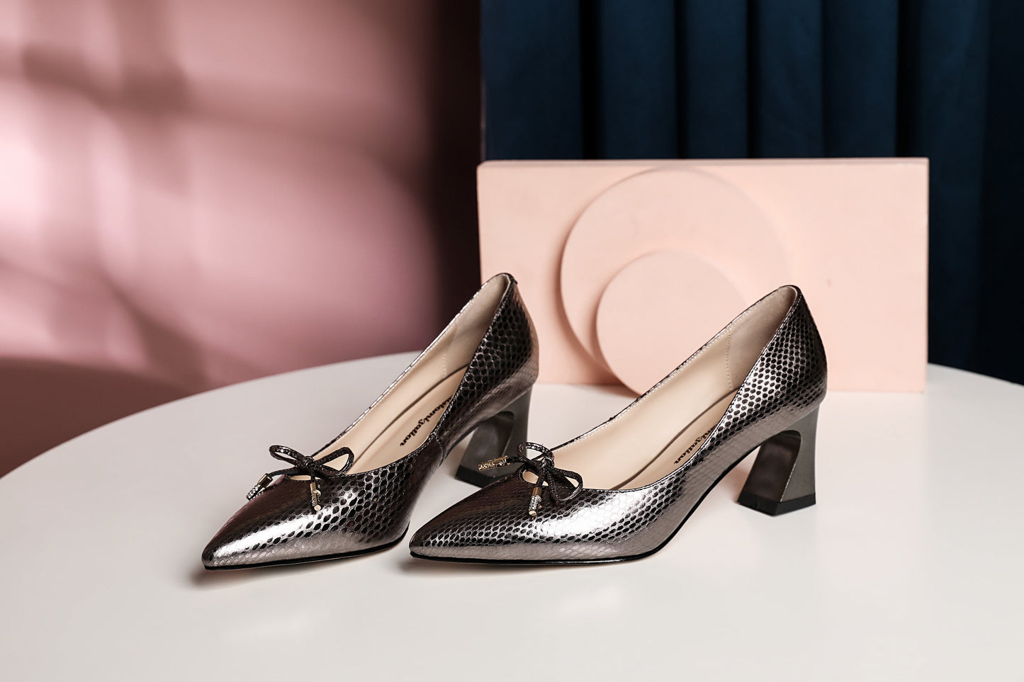 Nine Seven Handmade Women's Embossed Genuine Leather Cute Bowtie Mid Spool Heel Pointed Toe Elegant Pumps