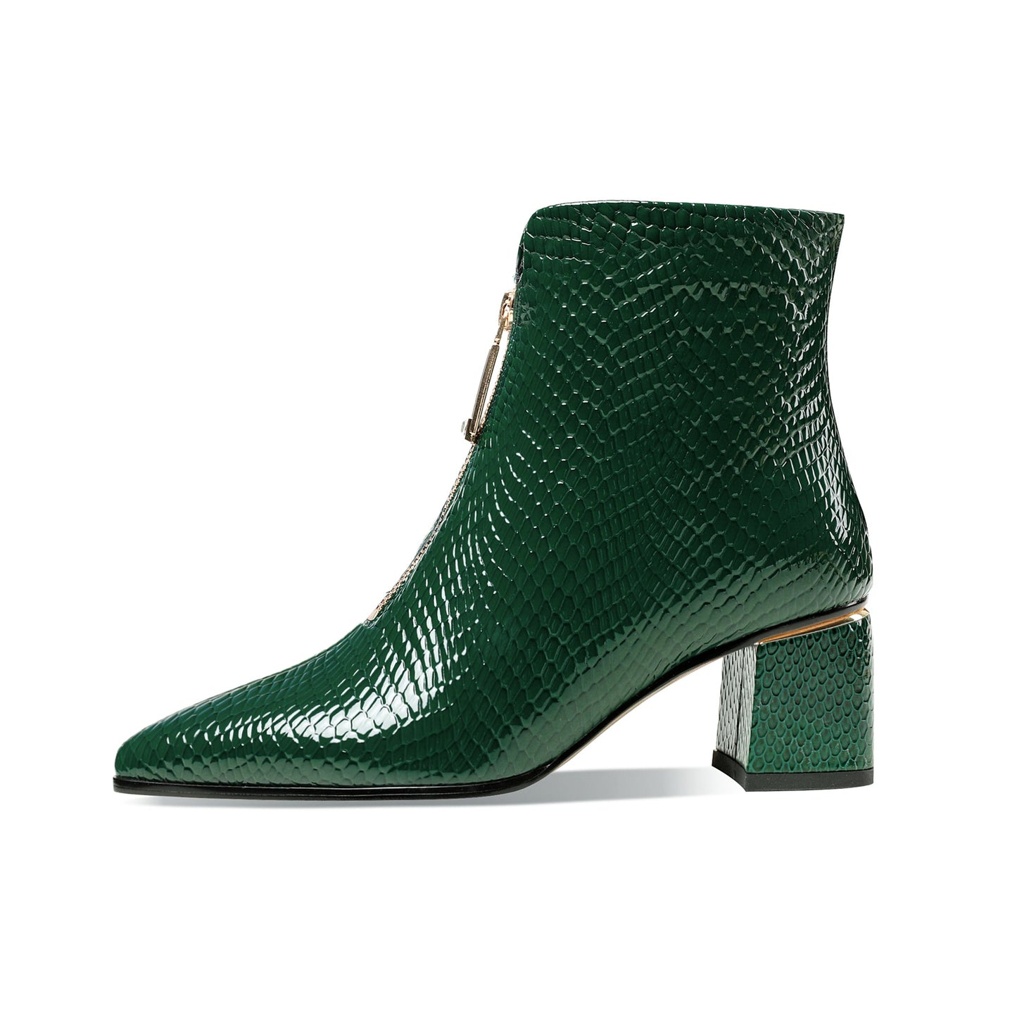 Nine Seven Women's Handmade Genuine Leather Pointed Toe Stylish Front Zip Up Mid Chunky Heel Ankle Booties