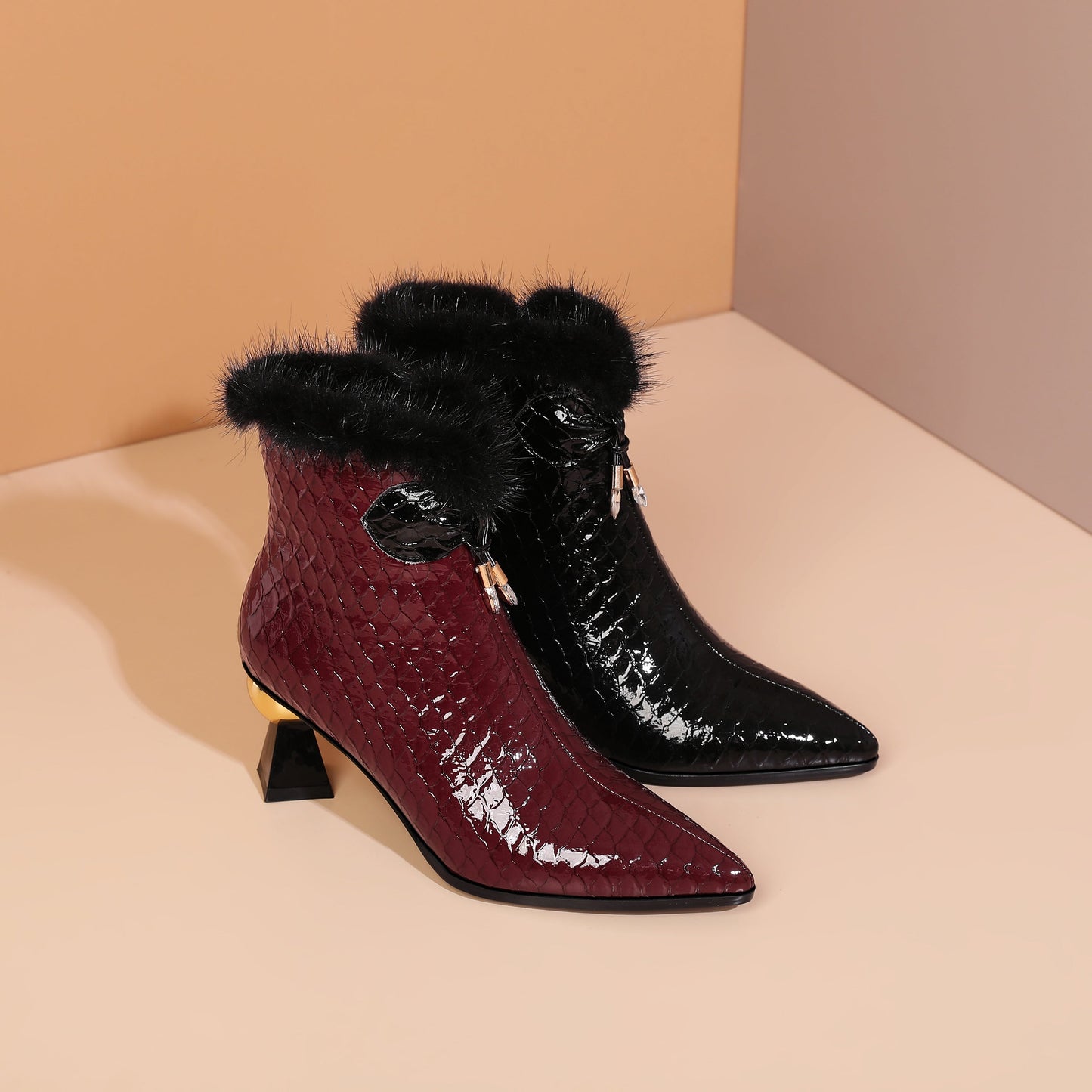 Nine Seven Patent Leather Handmade Women's Pointy Toe Side Zip Up Mid Heel Crystal and Fur Design Ankle Boots with Bow