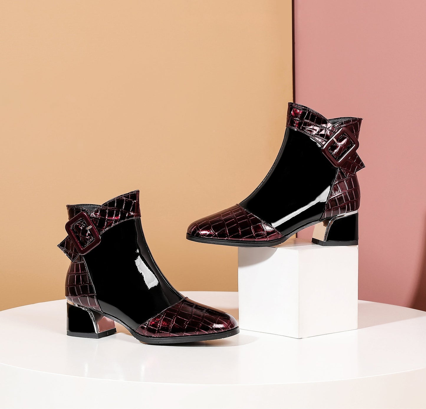 Nine Seven Women's Patent Leather Handmade Round Toe Side Zipper Buckled Low Chunky Heel Stylish Bootie