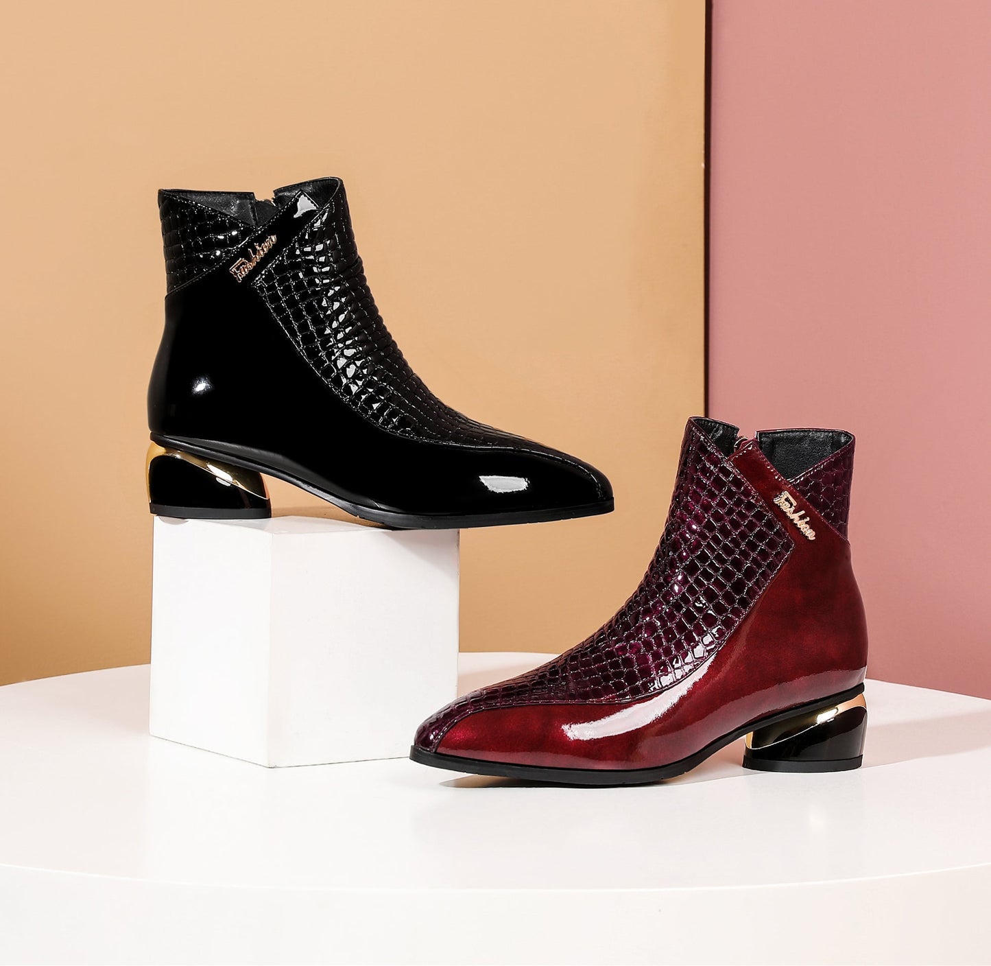 Nine Seven Women's Handmade Patent Leather Pointed Toe Side Zip Up Low Chunky Heel Casual Ankle Boots