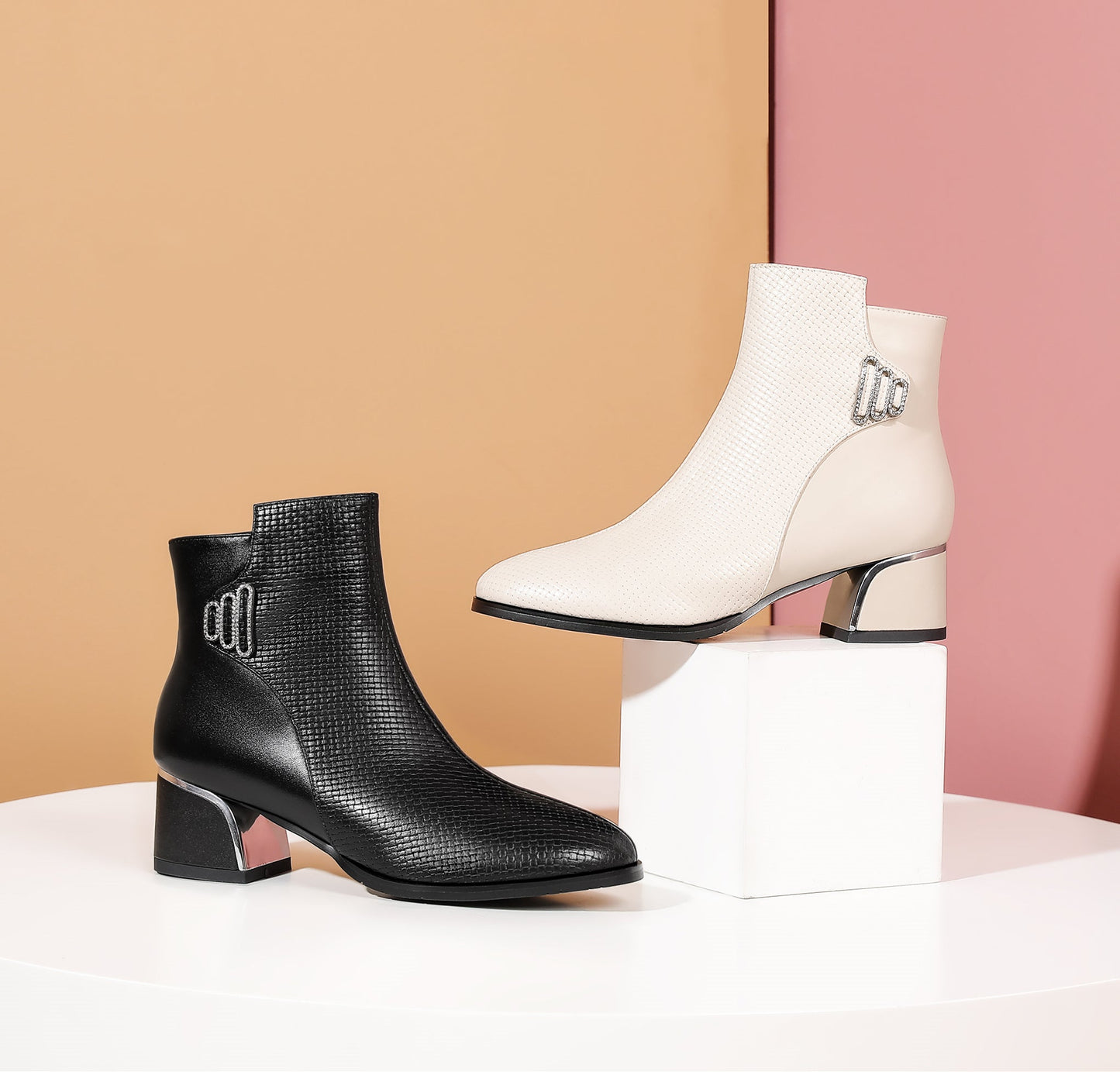 Nine Seven Women's Genuine Leather Handmade Round Toe Side Zipper Graceful Ankle Boots with Low Chunky Heel