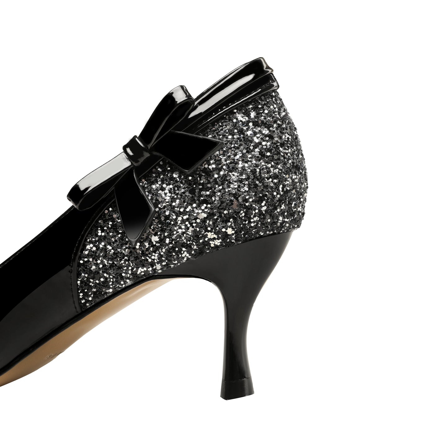 Nine Seven Women's Handmade Glossy Patent Leather Pointed Toe Mid Stiletto Heel Slip On Glitter Pumps with Bowtie