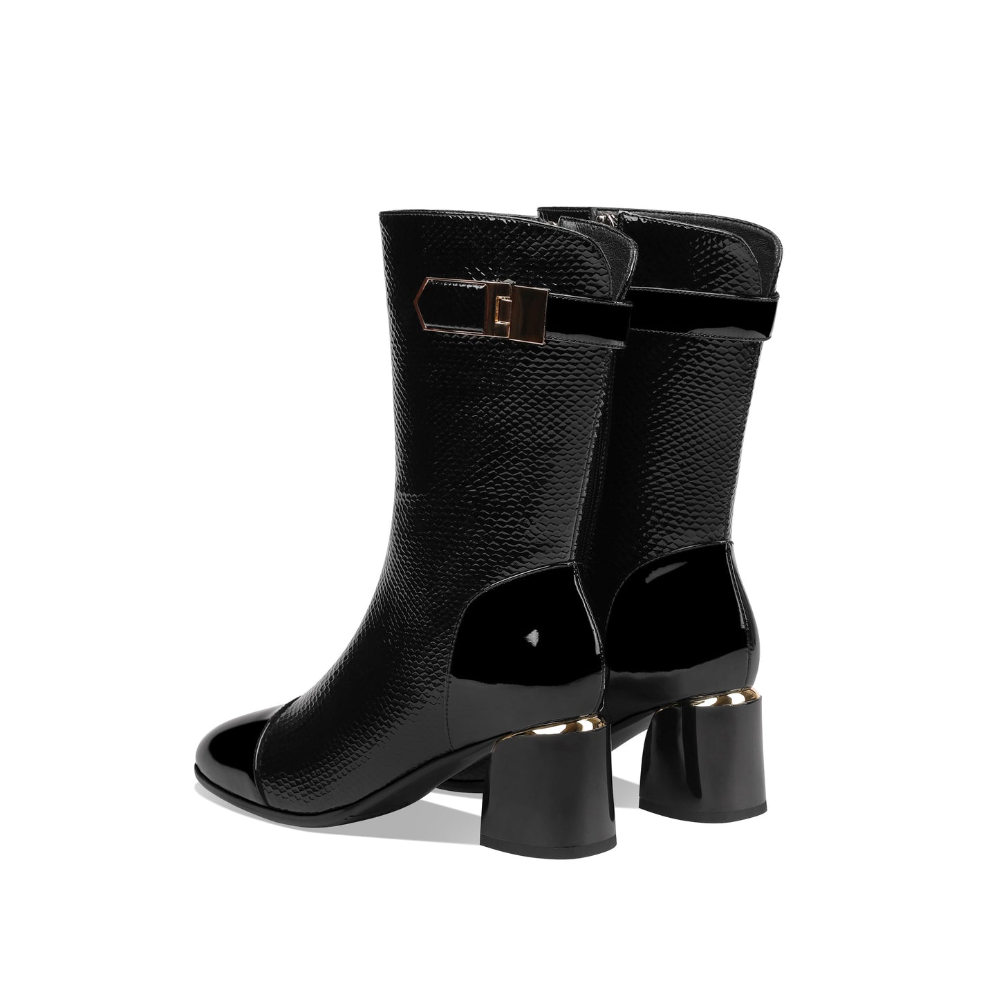 Nine Seven Handmade Women's Patent Leather Side Zip Up Block Heel Cap-Toe Black Mid-Calf Boots with Chic Metal Pattern