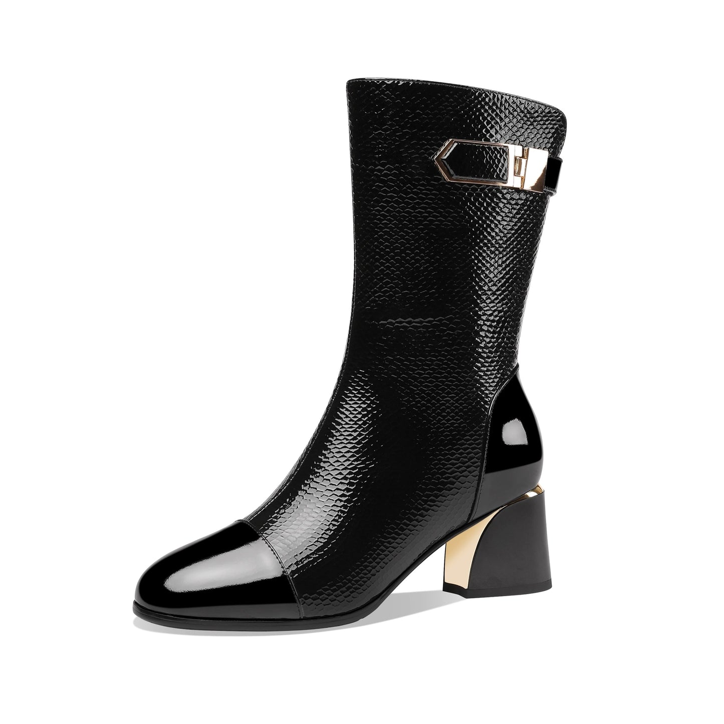 Nine Seven Handmade Women's Patent Leather Side Zip Up Block Heel Cap-Toe Black Mid-Calf Boots with Chic Metal Pattern