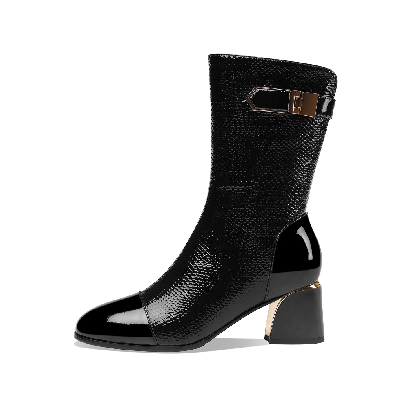 Nine Seven Handmade Women's Patent Leather Side Zip Up Block Heel Cap-Toe Black Mid-Calf Boots with Chic Metal Pattern