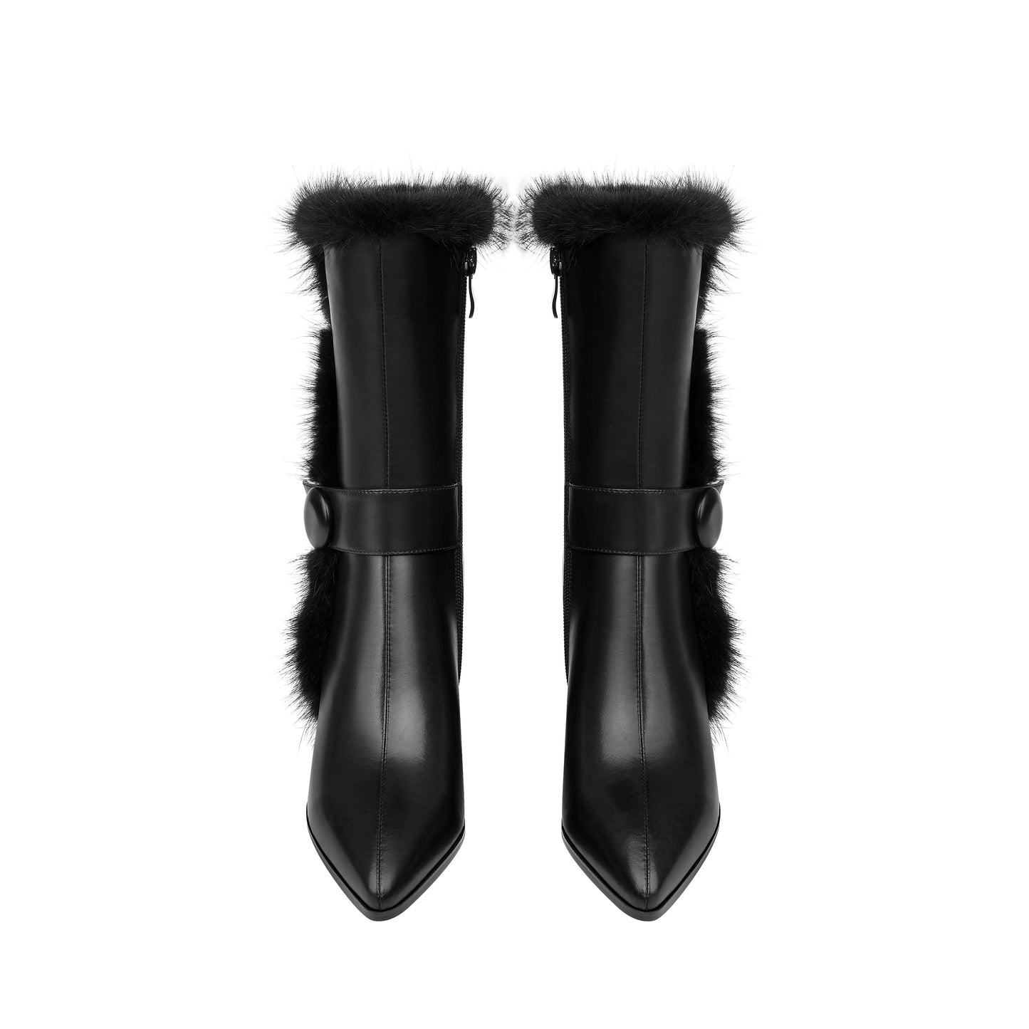 Nine Seven Handmade Women's Genuine Leather Spool Heel Side Zip Up Black Mid-Calf Boots with Fur And Chic Belt