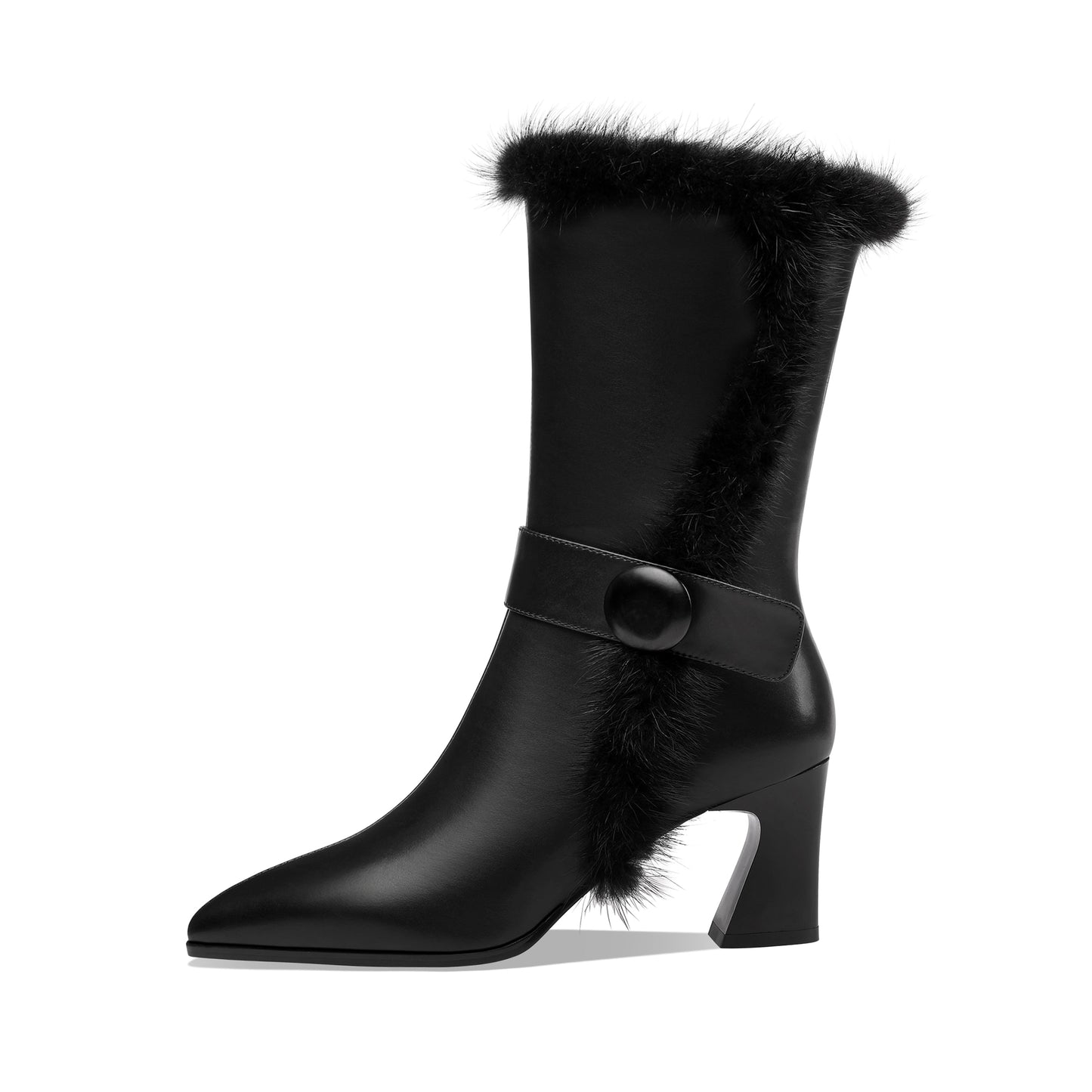 Nine Seven Handmade Women's Genuine Leather Spool Heel Side Zip Up Black Mid-Calf Boots with Fur And Chic Belt