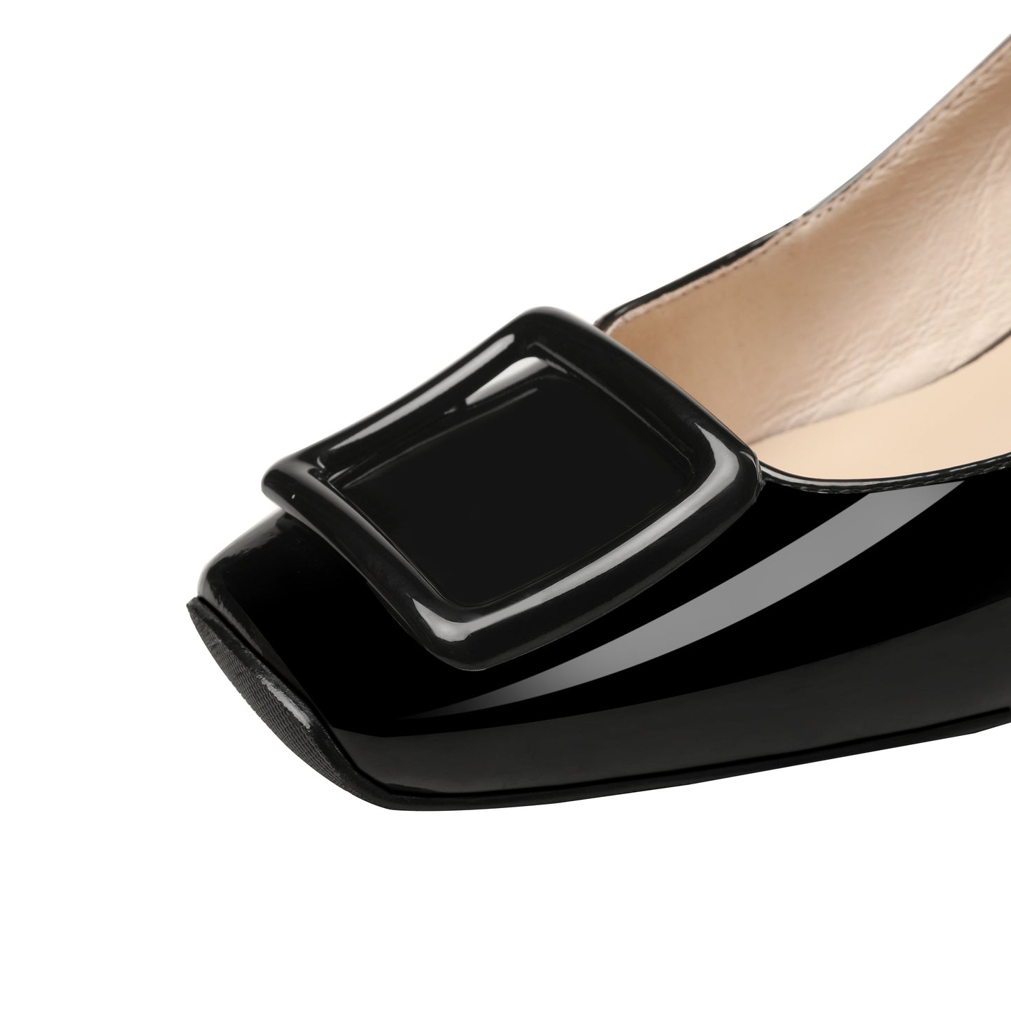 Nine Seven Women's Glossy Patent Leather Handmade Square Toe Comfortable Mid Chunky Heel Slip On Office Pumps with Square Pattern