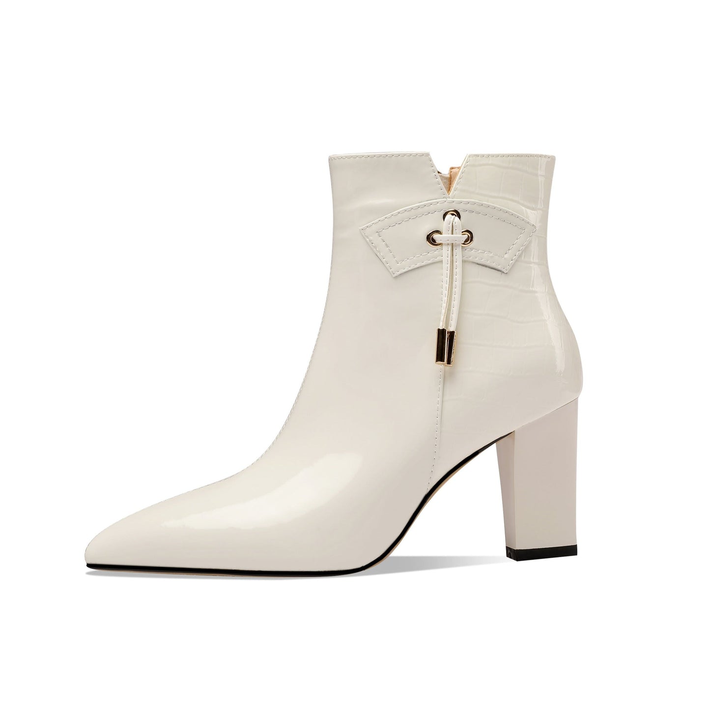 Nine Seven Women's Patent Leather Handmade Chunky Heel Pointed Toe Side Zip Up Glossy Ankle Booties