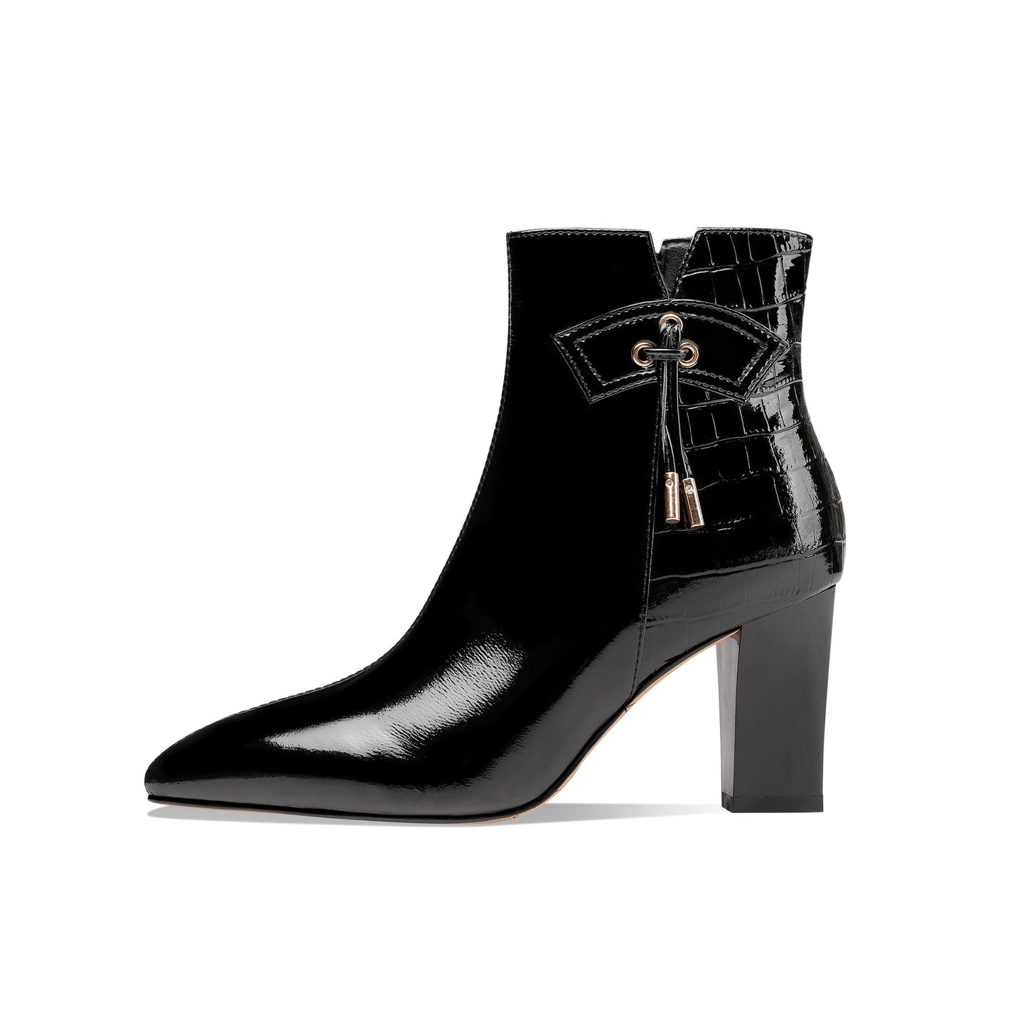 Nine Seven Women's Patent Leather Handmade Chunky Heel Pointed Toe Side Zip Up Glossy Ankle Booties