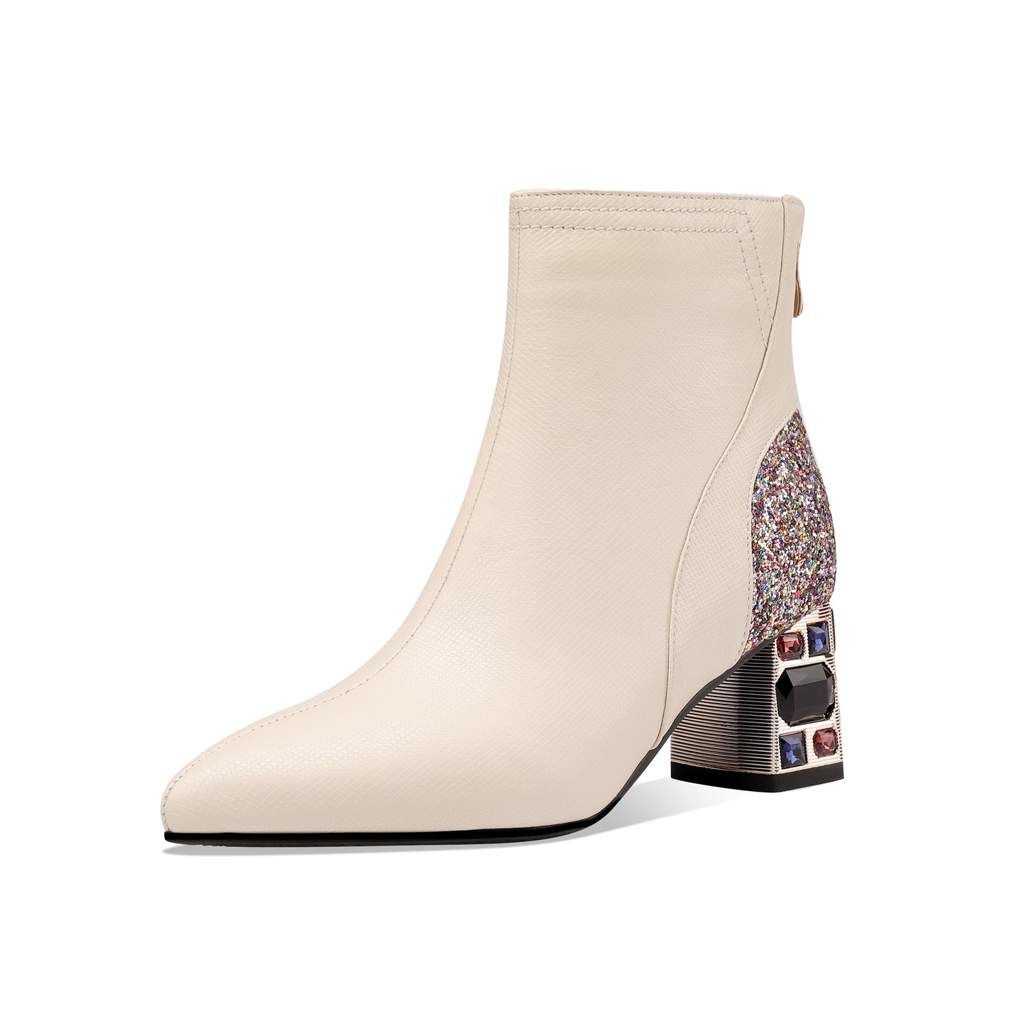 Nine Seven Women's Handmade Genuine Leather Clear Pointed Toe Crystal Chunky Heel Back Zip Up Graceful Ankle Boots