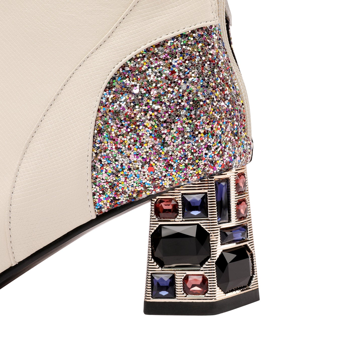 Nine Seven Women's Handmade Genuine Leather Clear Pointed Toe Crystal Chunky Heel Back Zip Up Graceful Ankle Boots